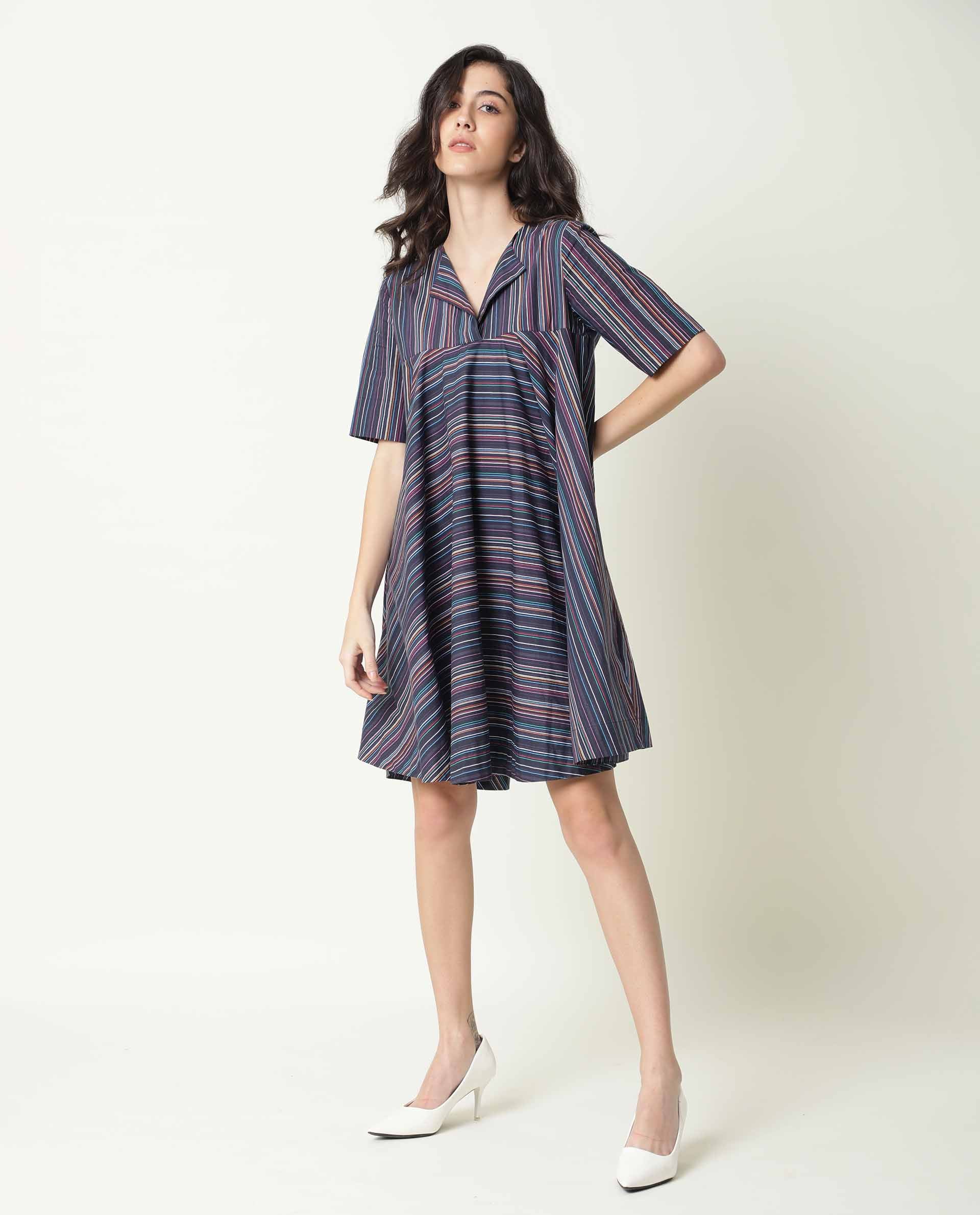 Rareism Womens Rafal Black Dress Cotton Fabric Relaxed Fit Half Sleeve Overlap Neck