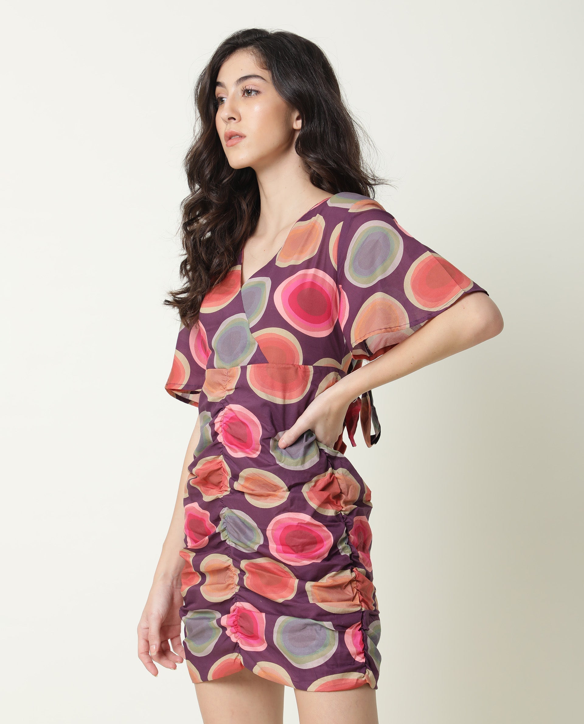 Rareism Women's Anjou Purple Cotton V-Neck Abstract Print Knee Length Regular Fit Dress