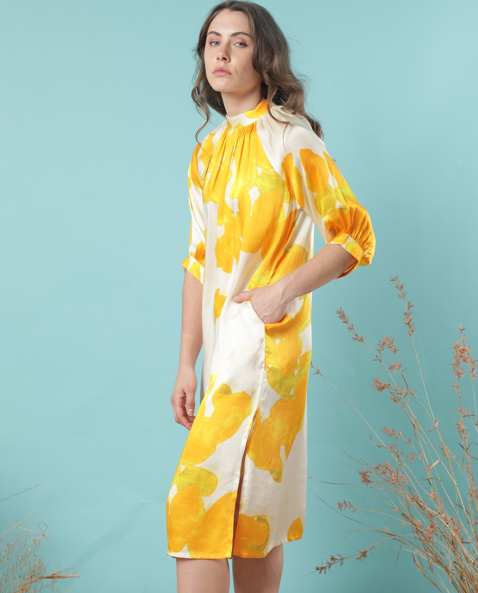 Rareism Women Tycoon Yellow Abstract Band Collar Half Sleeves With Puff And Pocket Knee Length Dress