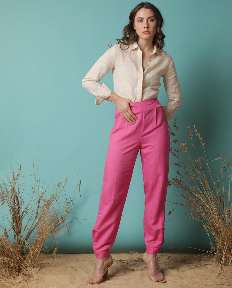 Rareism Women Erin Flouroscent Pink Modal Linen Fabric Tailored Fit Mid Rise Solid Ankle Length Trousers