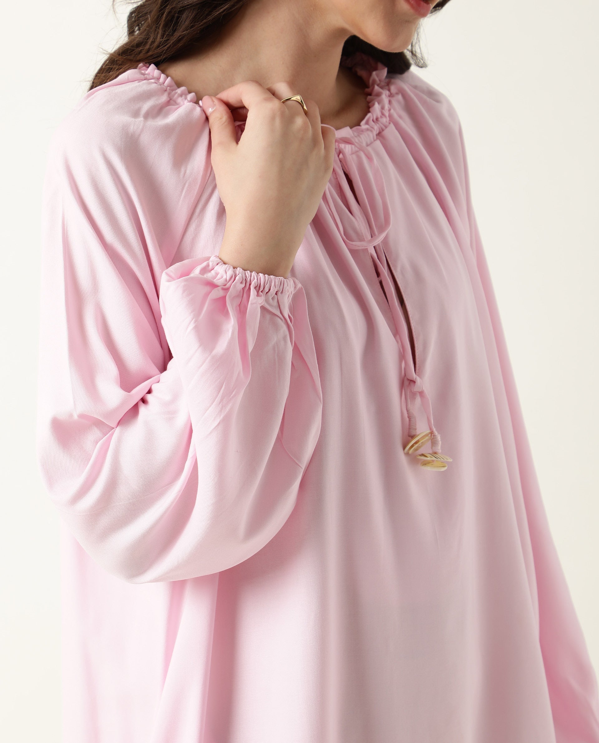 Rareism Women Mason Pink Viscose Fabric Full Sleeves Tie-Up Neck Solid Short Dress