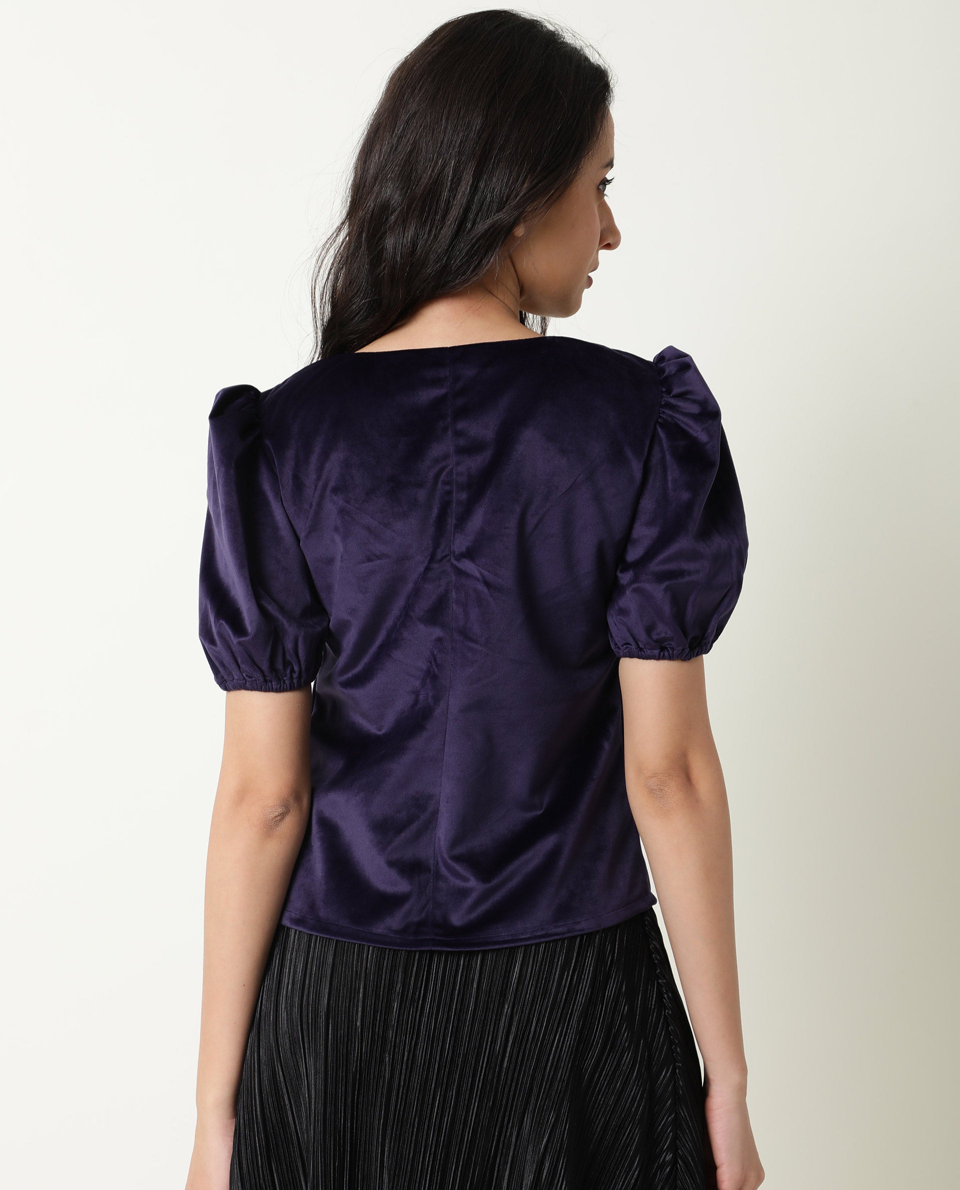 Rareism Womens Mun Navy Top Suede Fabric  Half Sleeve V Neck