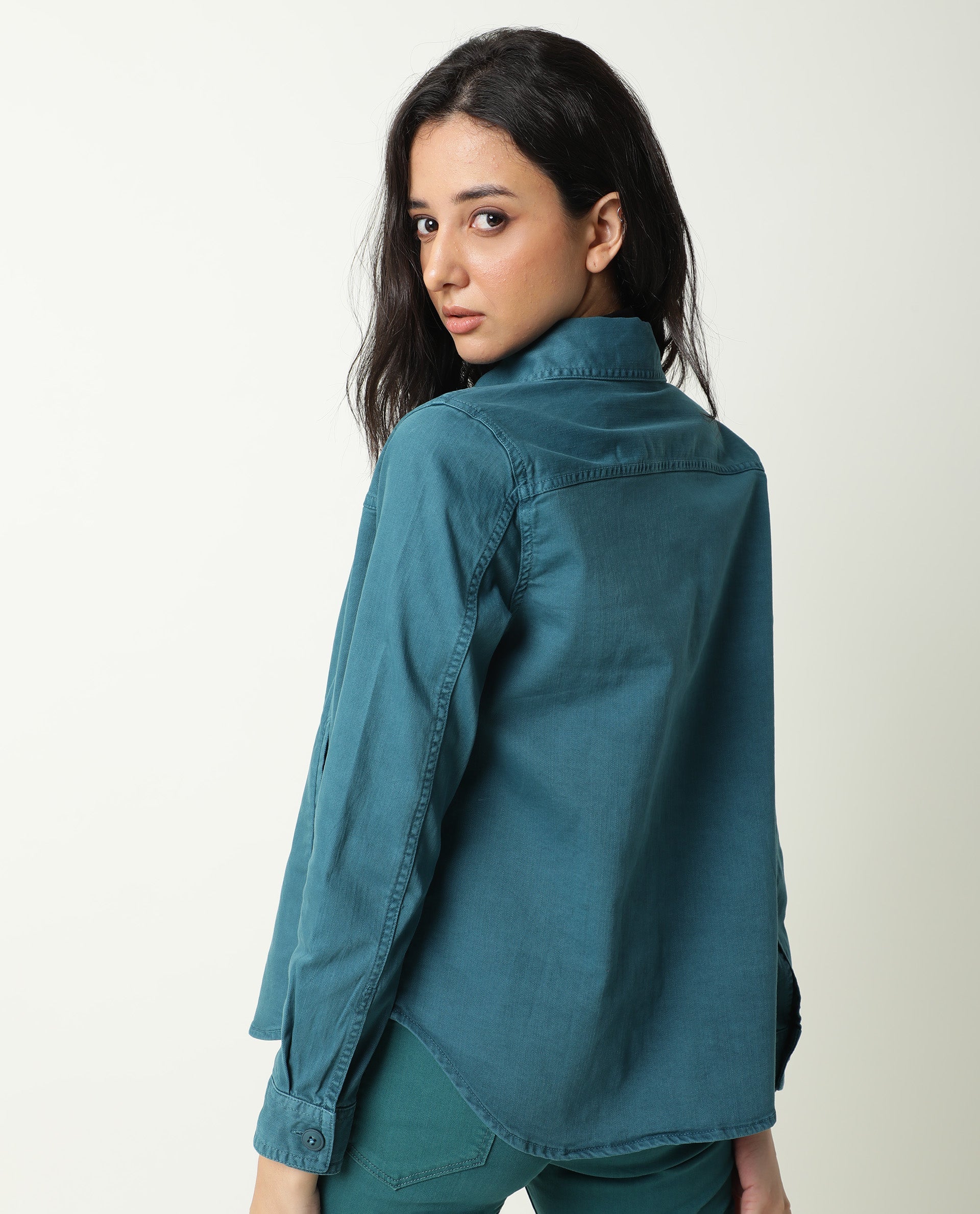 Rareism Women Mission Petrol Cotton Lycra Fabric Full Sleeves Solid Shirt Collar Jacket