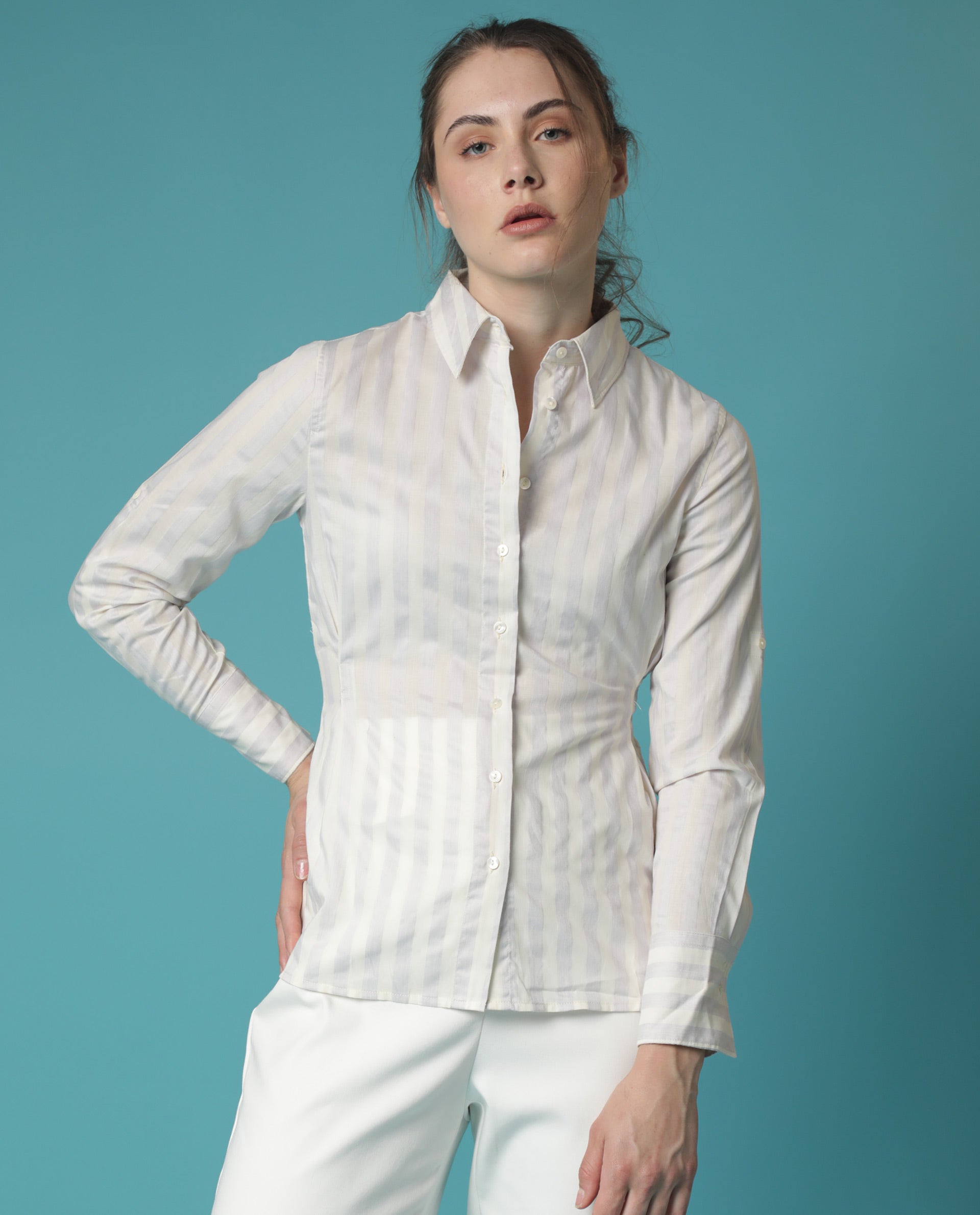 Rareism Women Pickle Yellow Cotton Fabric Regular Fit Shirt Collar Full Sleeves Striped Top