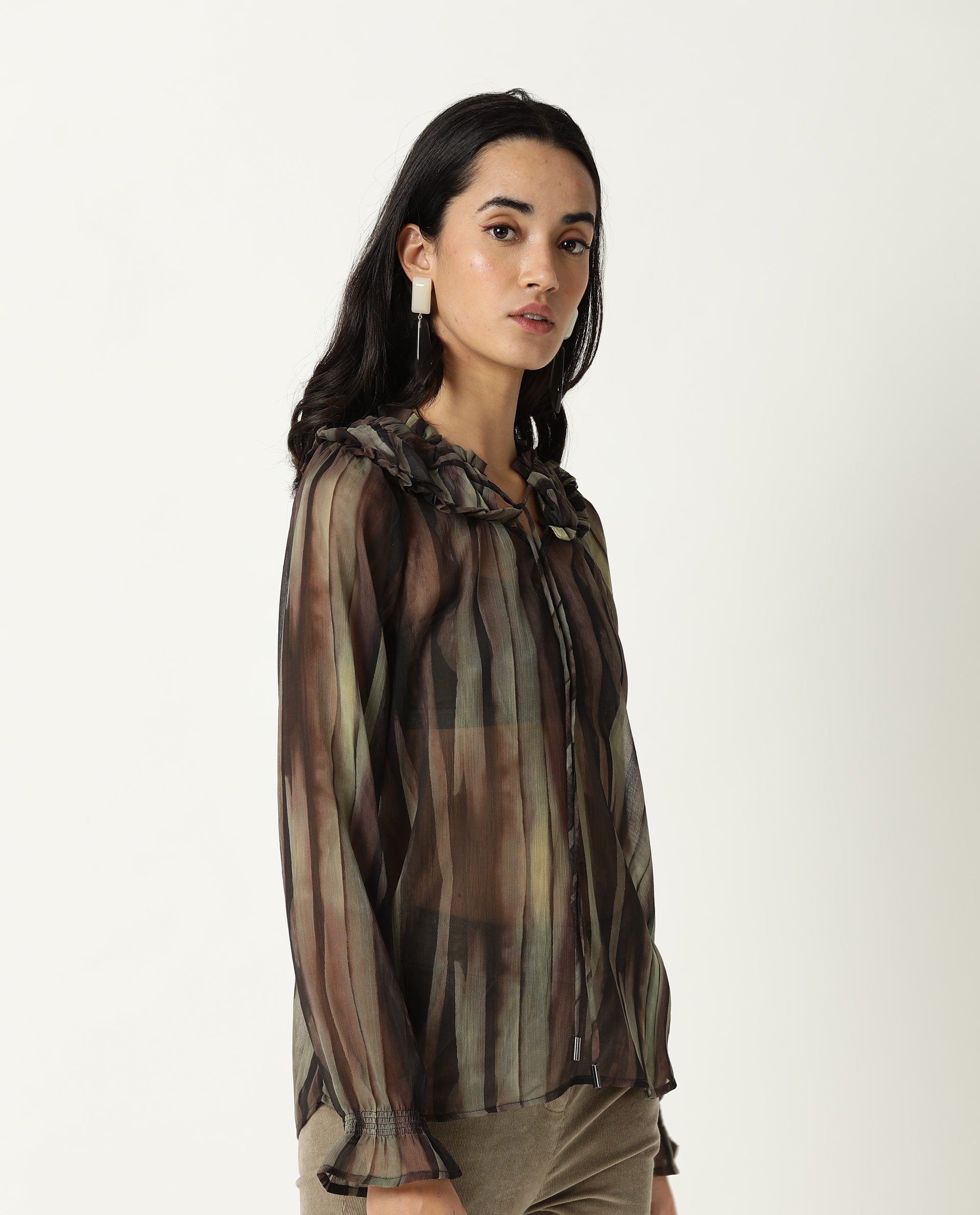 Rareism Womens Kade Green Top Viscose Fabric Loose Fit Extended Sleeves V Neck