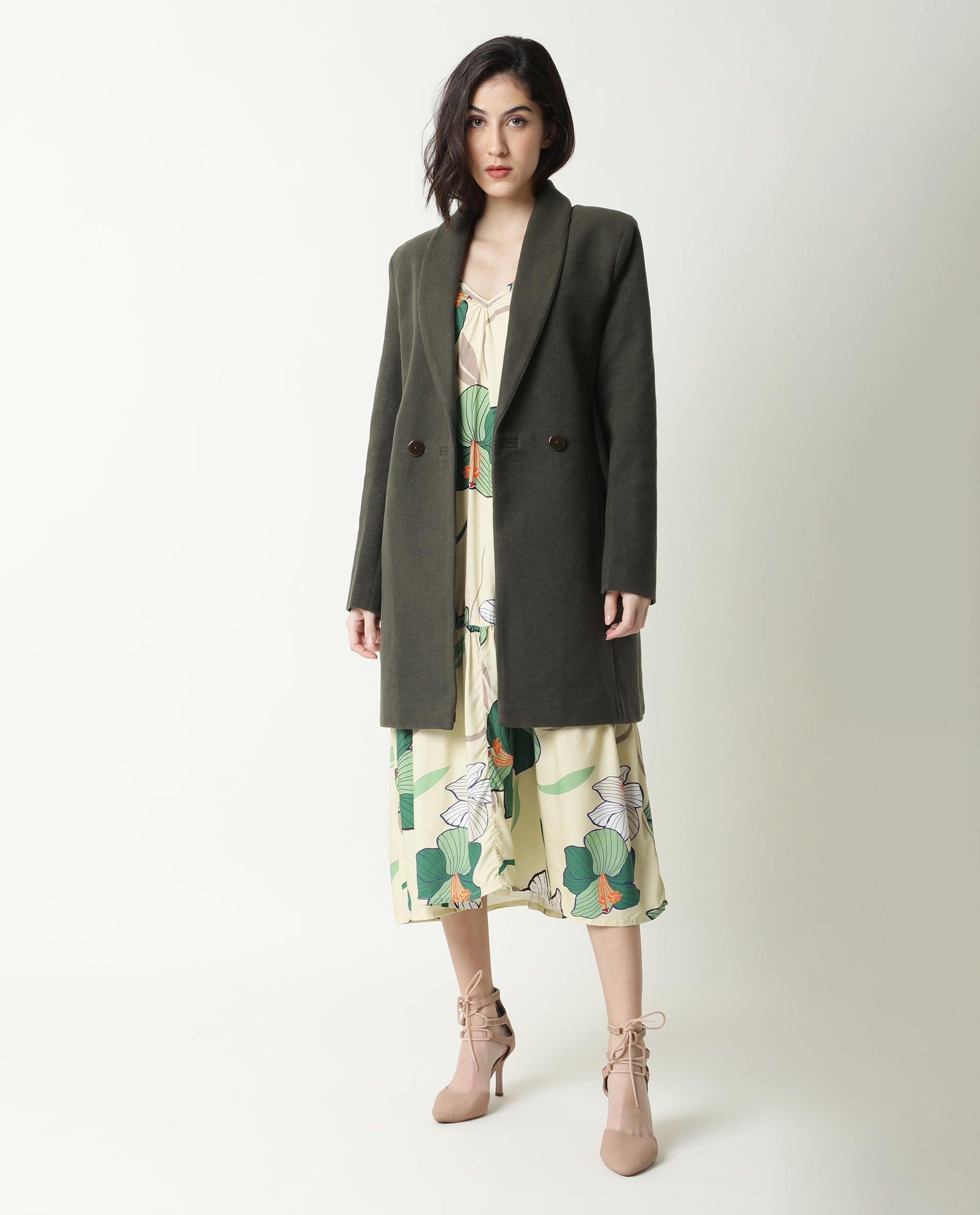 Rareism Women Avon Olive Polyester Fabric Full Sleeves Solid Lapel Neck Jacket