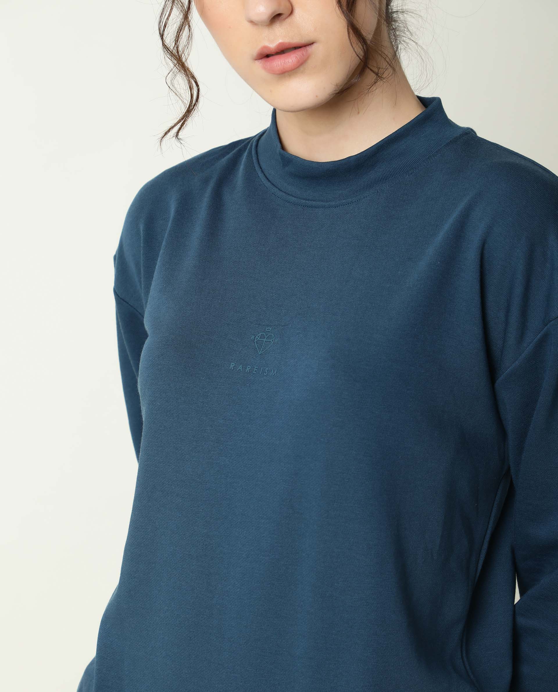 Rareism Women Necker Petrol  Relaxed Fit Full Sleeves Solid High Neck Sweatshirt