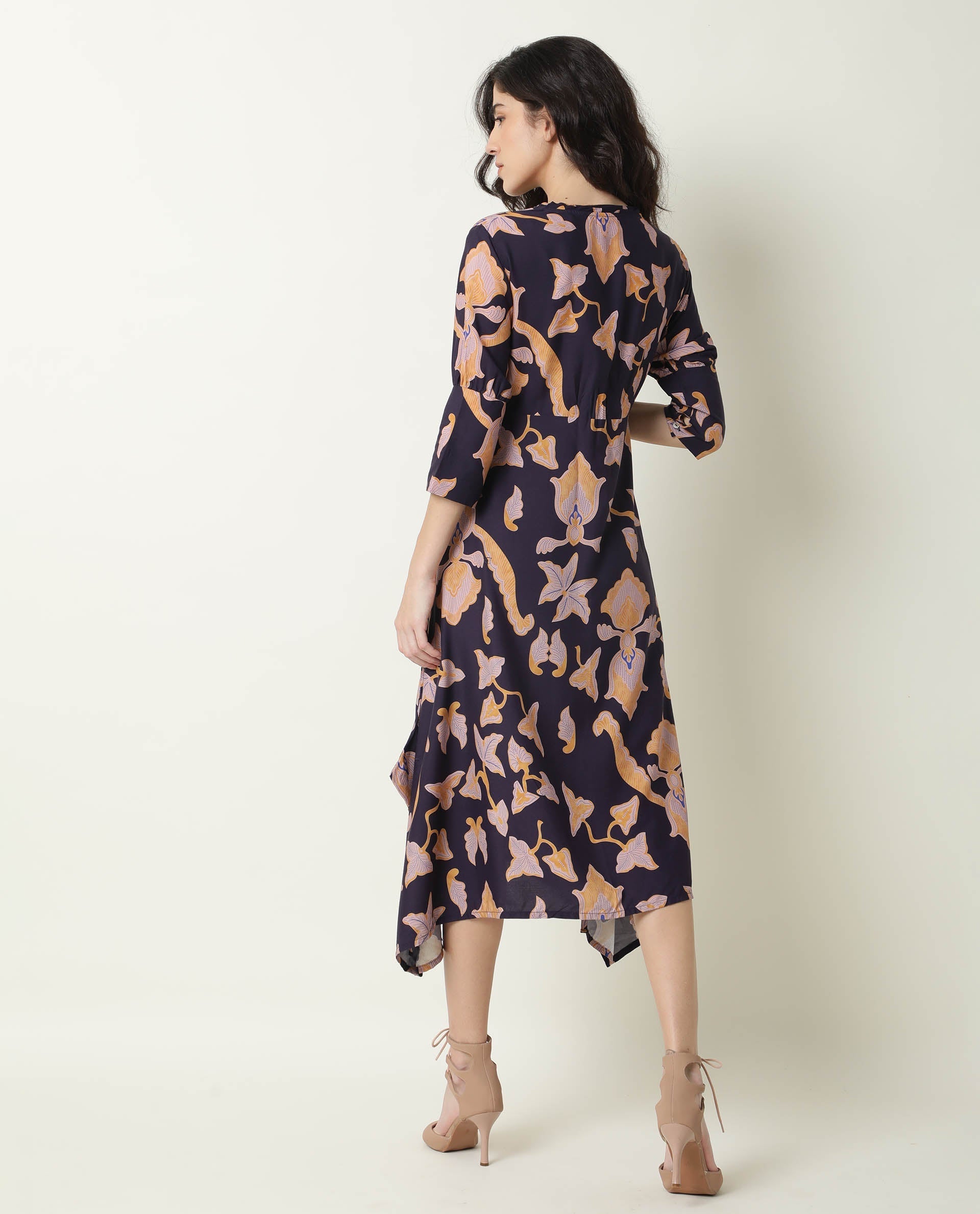 Rareism Women Kenna Navy Abstract Print V Neck 3/4 Sleeves Asymmetric Knee Length Dress
