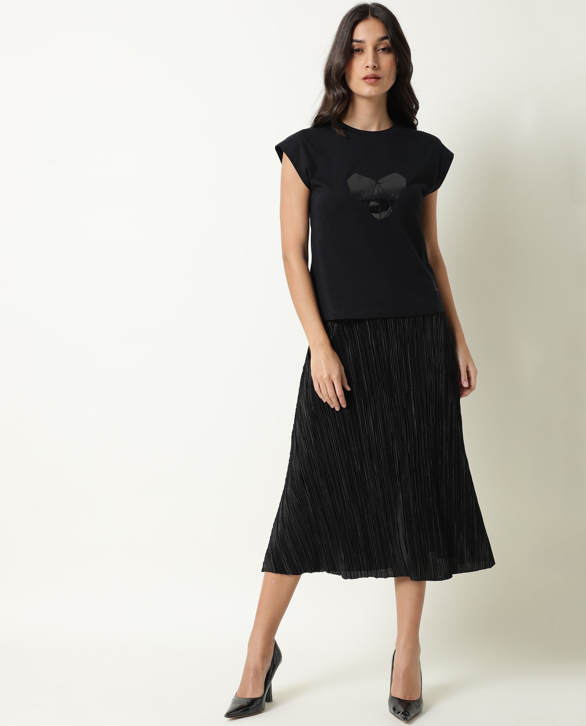 Rareism Womens Baga Black T-Shirt Cotton Fabric Crew Neck Short Sleeve