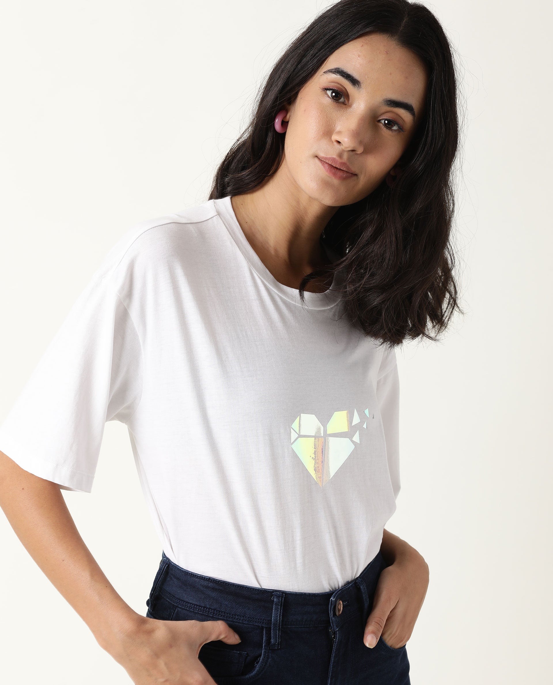 Rareism Womens Nat White T-Shirt Cotton Fabric Regular Fit Half Sleeve Round Neck