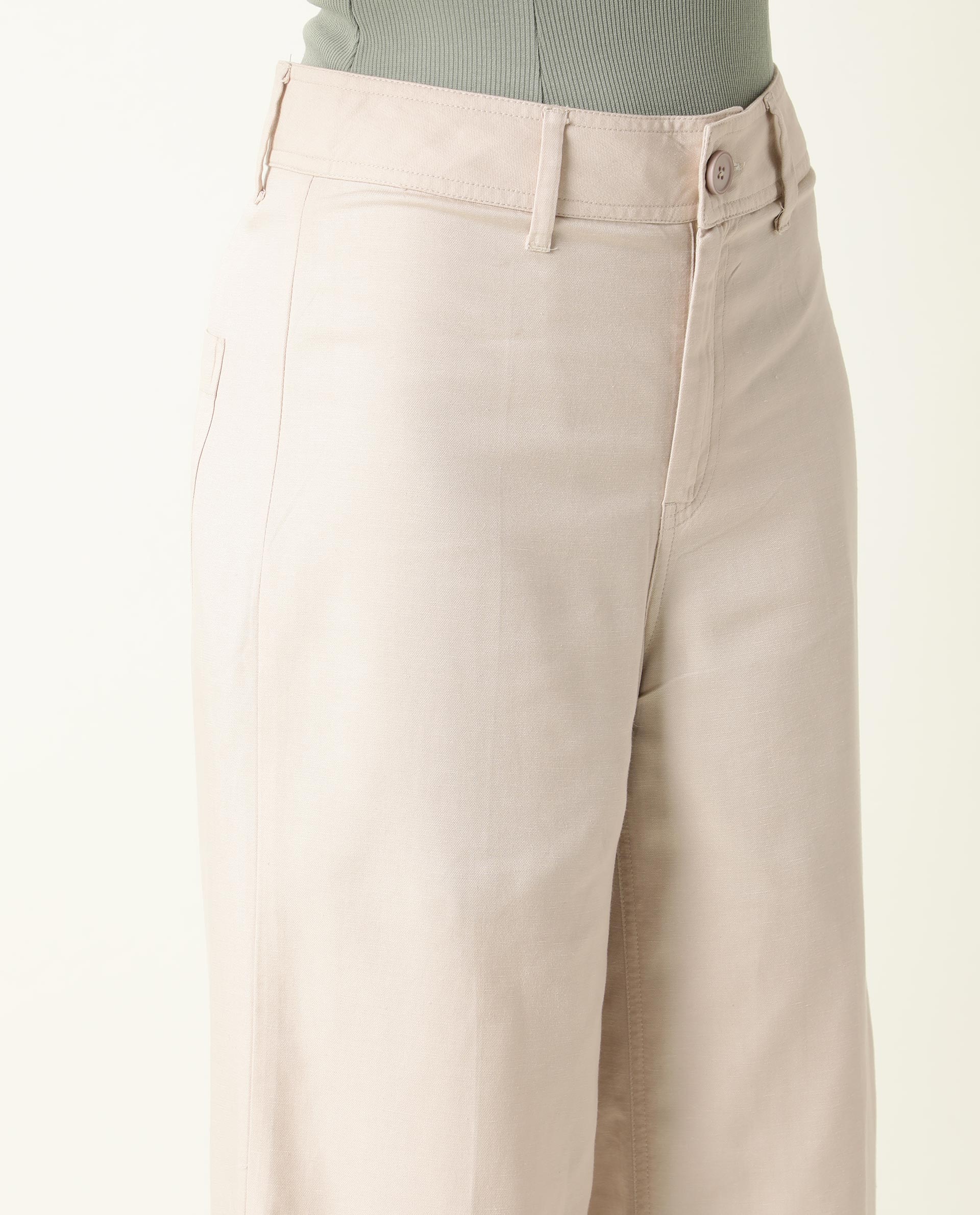 Rareism Women Micky Beige Cotton Lyocell Fabric Tailored Fit Mid Rise Solid Ankle Length Trousers