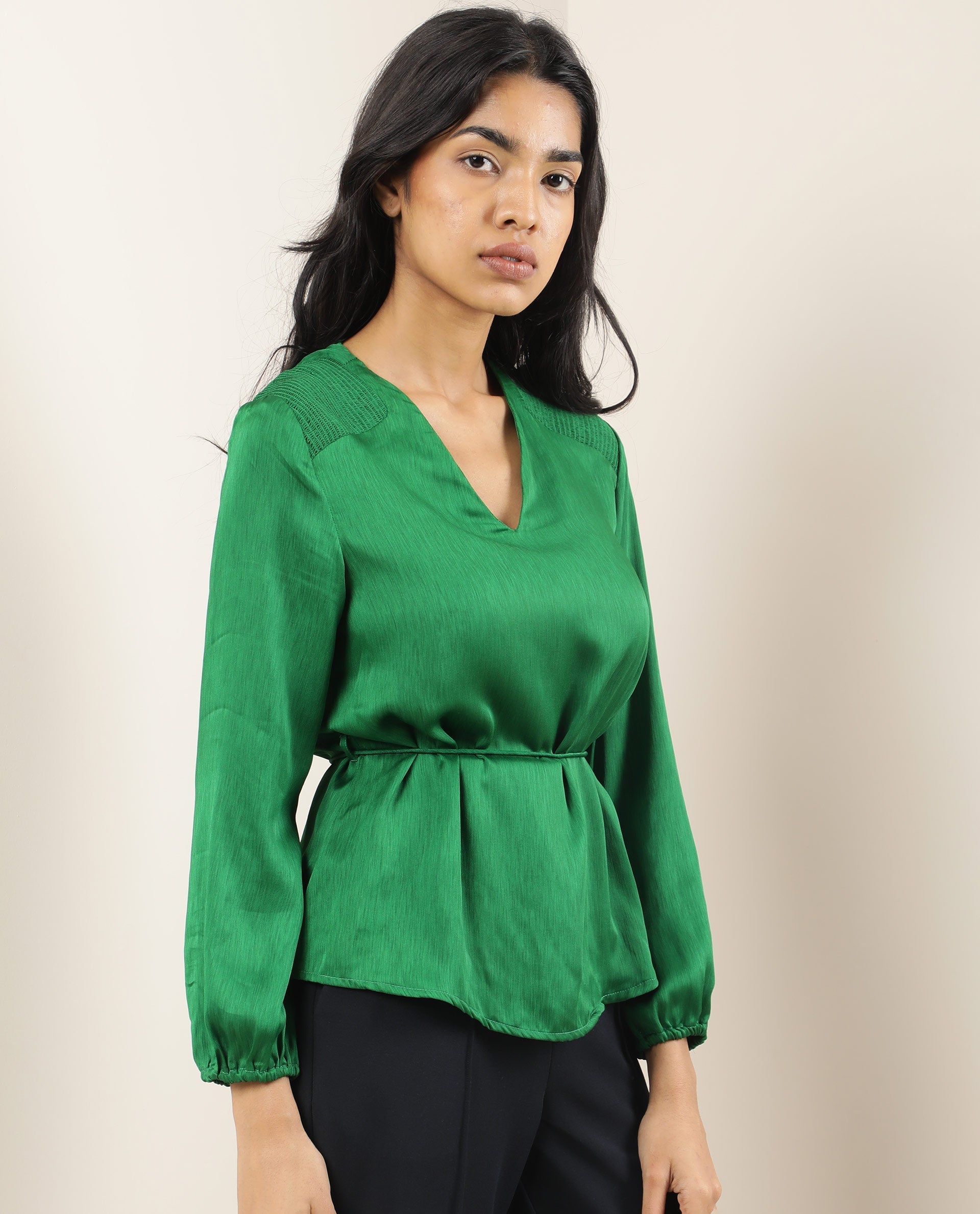 Rareism Womens Dronite Green Top Polyester Fabric  Full Sleeve V Neck