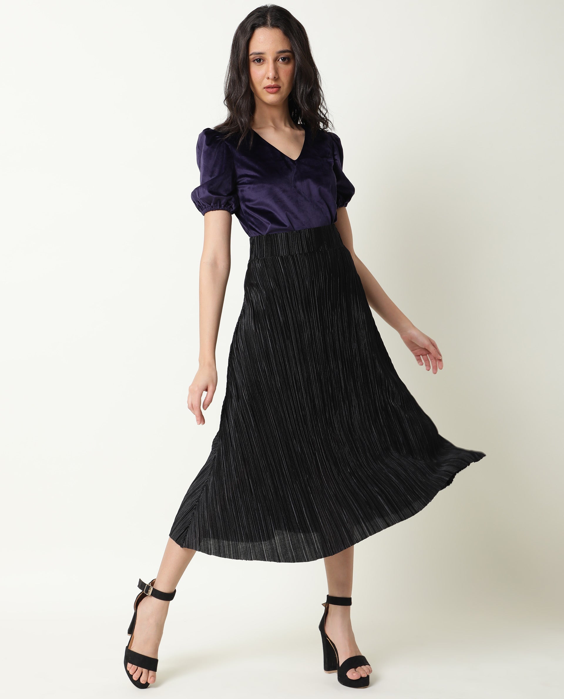 Rareism Womens Mun Navy Top Suede Fabric  Half Sleeve V Neck