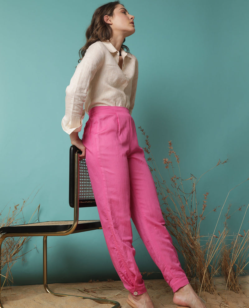 Rareism Women Erin Flouroscent Pink Modal Linen Fabric Tailored Fit Mid Rise Solid Ankle Length Trousers