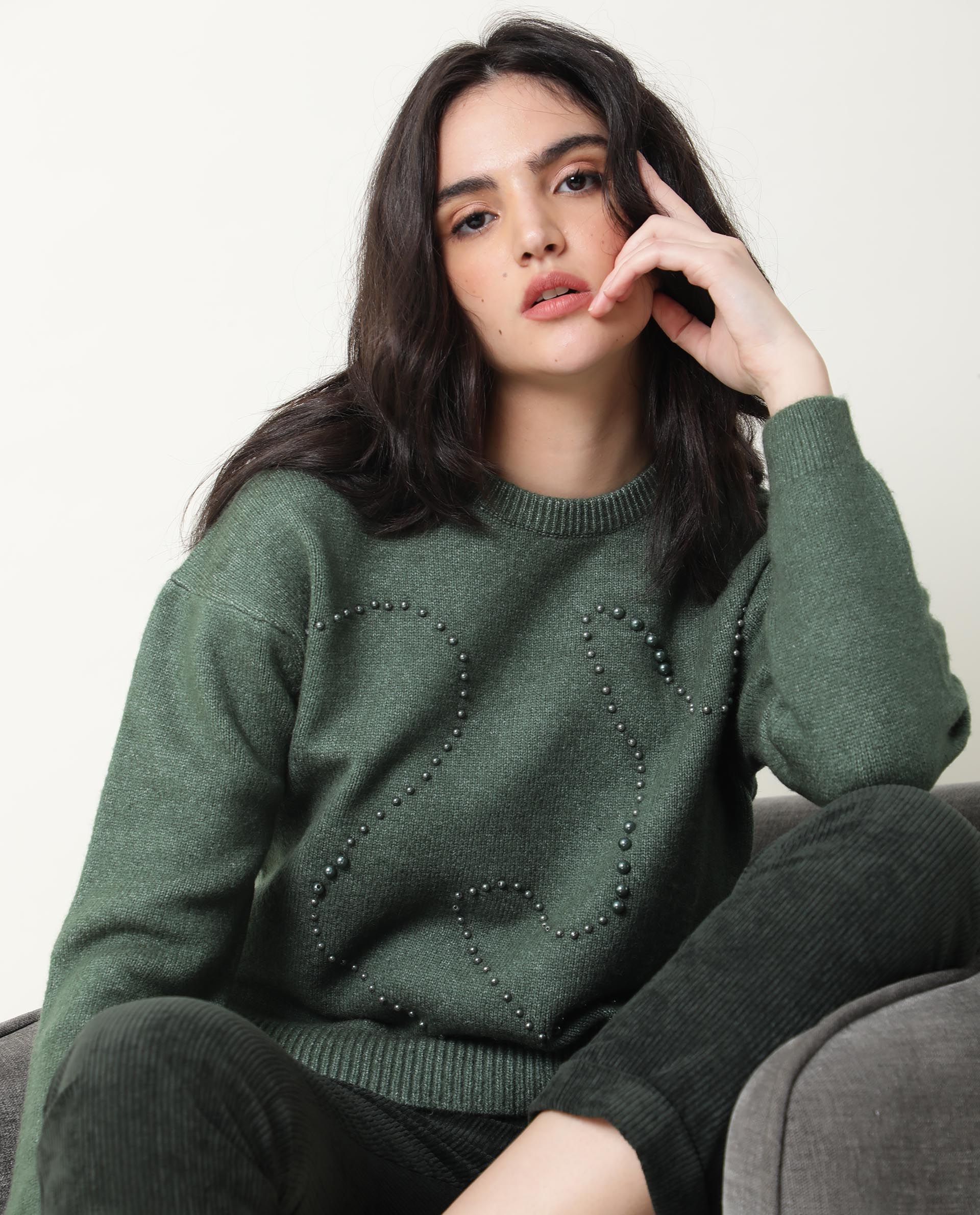 Rareism Women Tulsy Olive Acrylic Fabric Full Sleeves Knee Length Regular Fit Sequined Round Neck Sweater