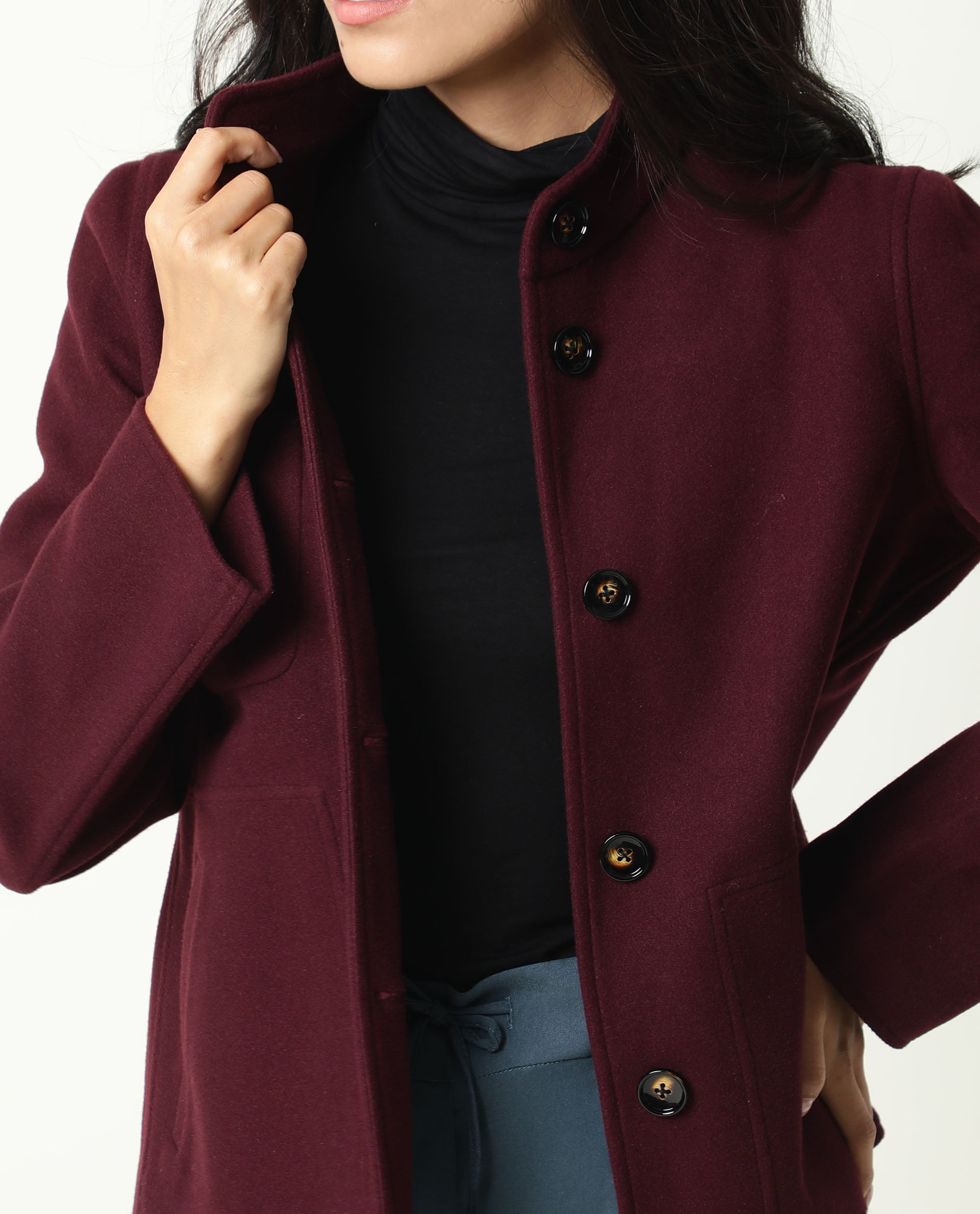 Rareism Women Comico Maroon Polyester Fabric Full Sleeves Solid Mandarin Collar Jacket