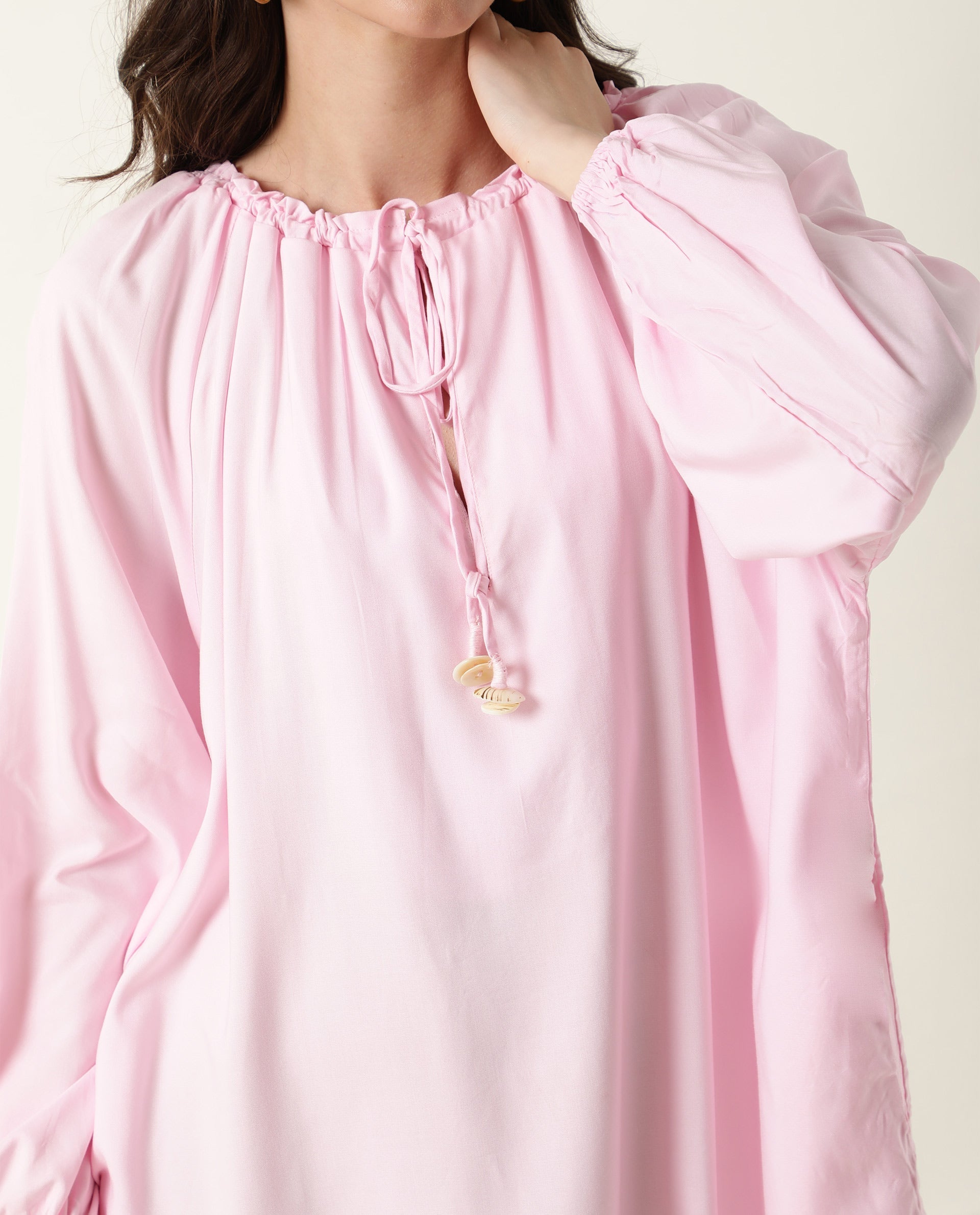 Rareism Women Mason Pink Viscose Fabric Full Sleeves Tie-Up Neck Solid Short Dress