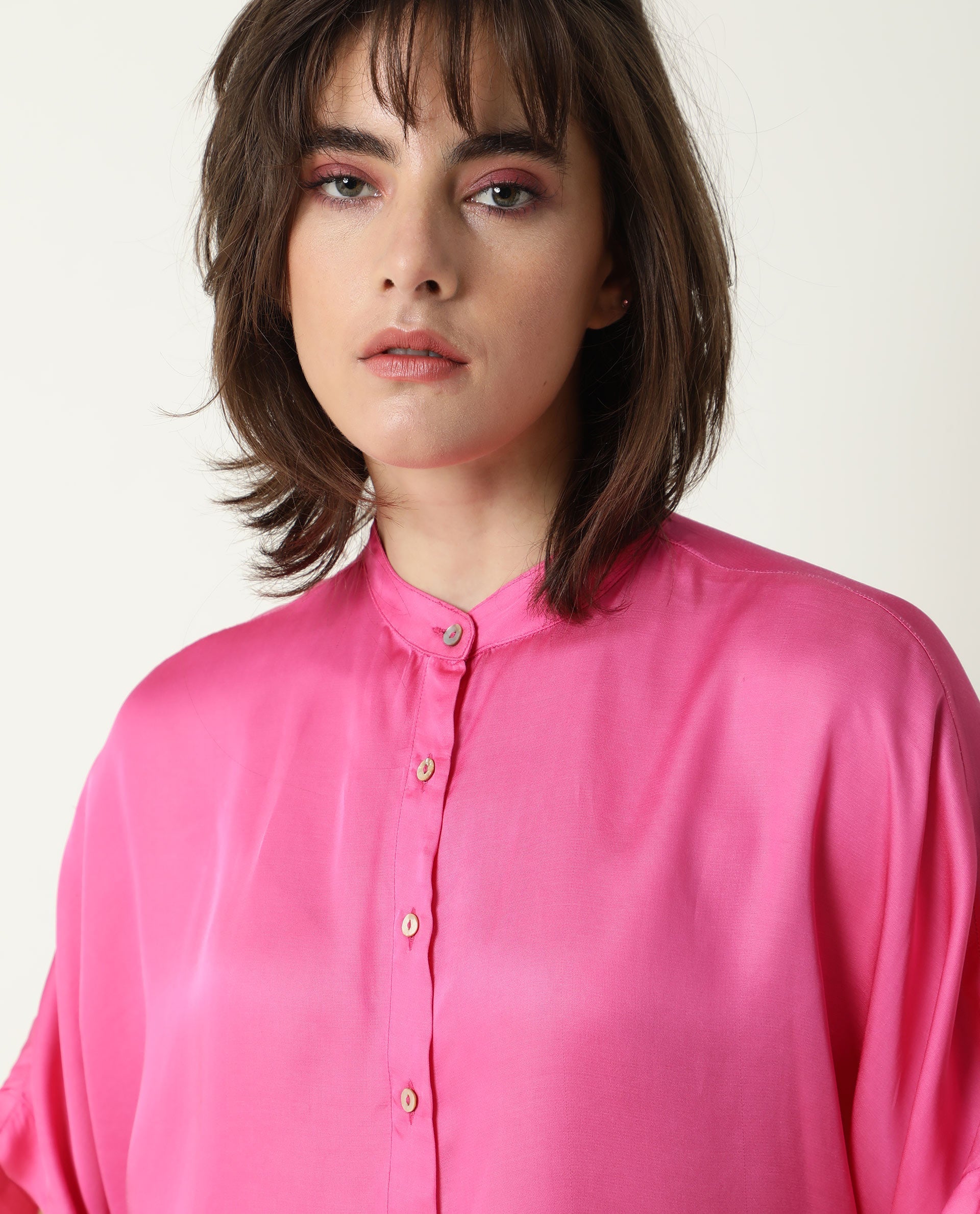 Rareism Womens Paige Pink Top Modal Satin Fabric Regular Fit Kimono Sleeve Mandarin Neck