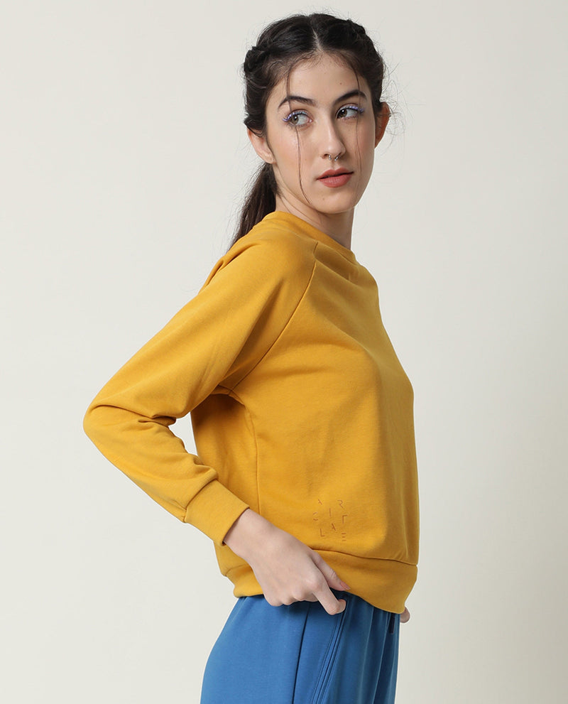 Rareism Women Cax Mustard Cotton Blend Fabric Relaxed Fit Full Sleeves Solid Round Neck Sweatshirt