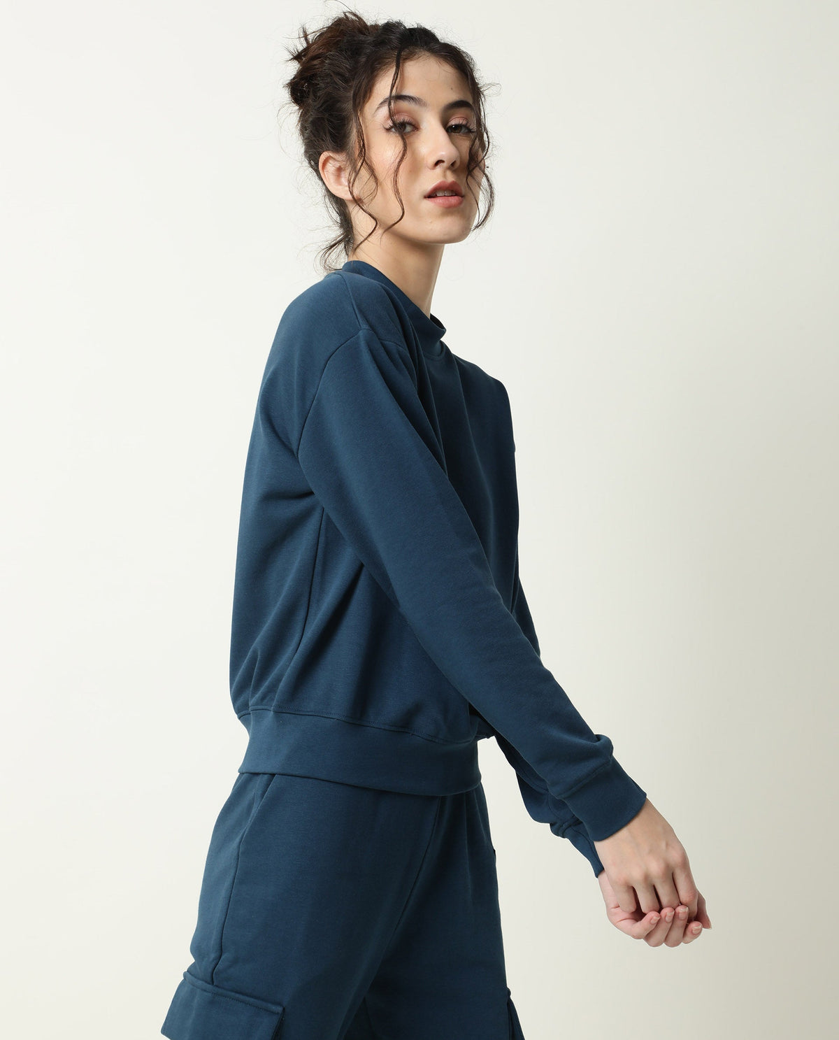 Rareism Women Necker Petrol  Relaxed Fit Full Sleeves Solid High Neck Sweatshirt