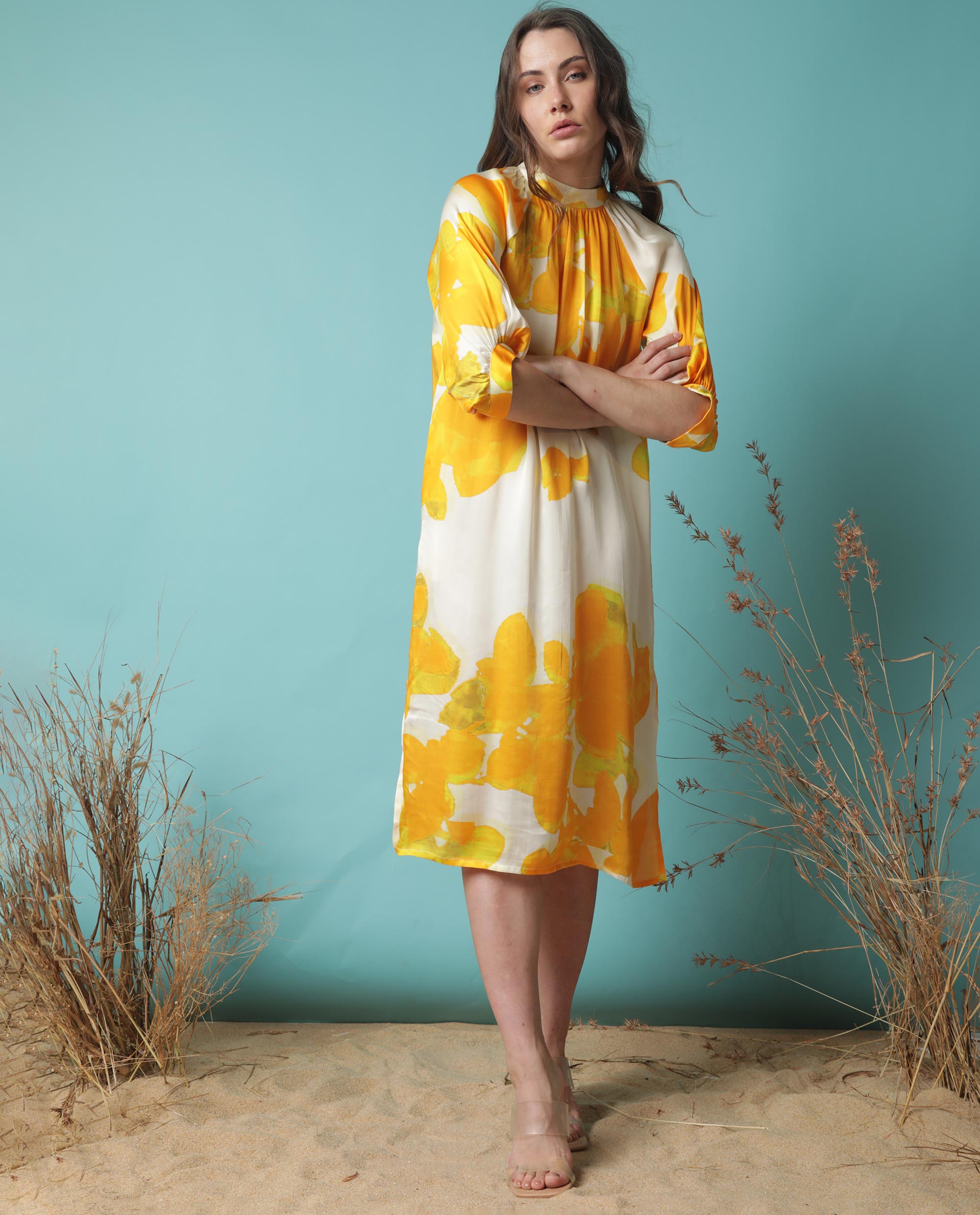 Rareism Women Tycoon Yellow Abstract Band Collar Half Sleeves With Puff And Pocket Knee Length Dress