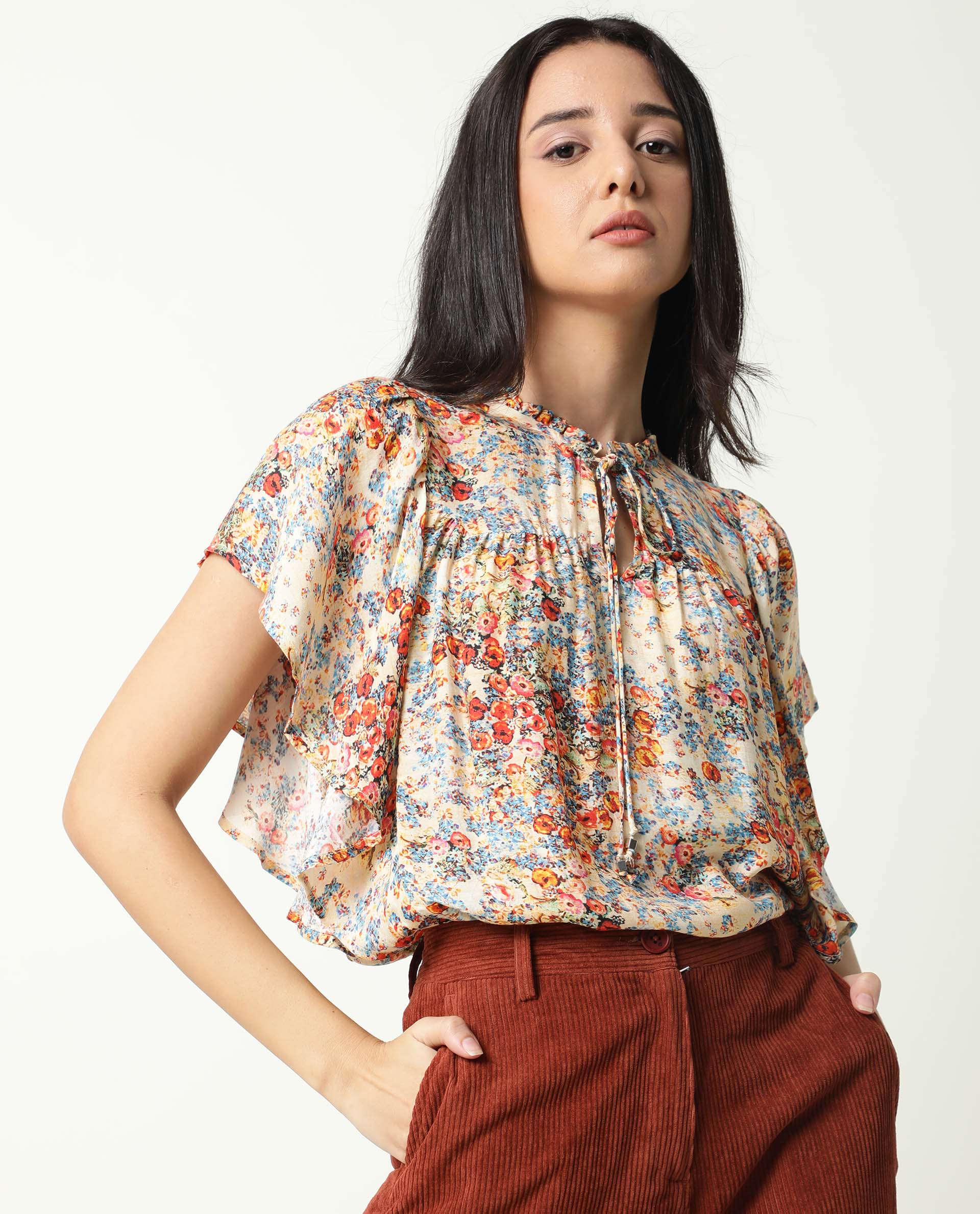 Rareism Women Nigel Off White Cotton Silk Fabric Relaxed Fit Tie-Up Neck Half Sleeves Floral Print Top