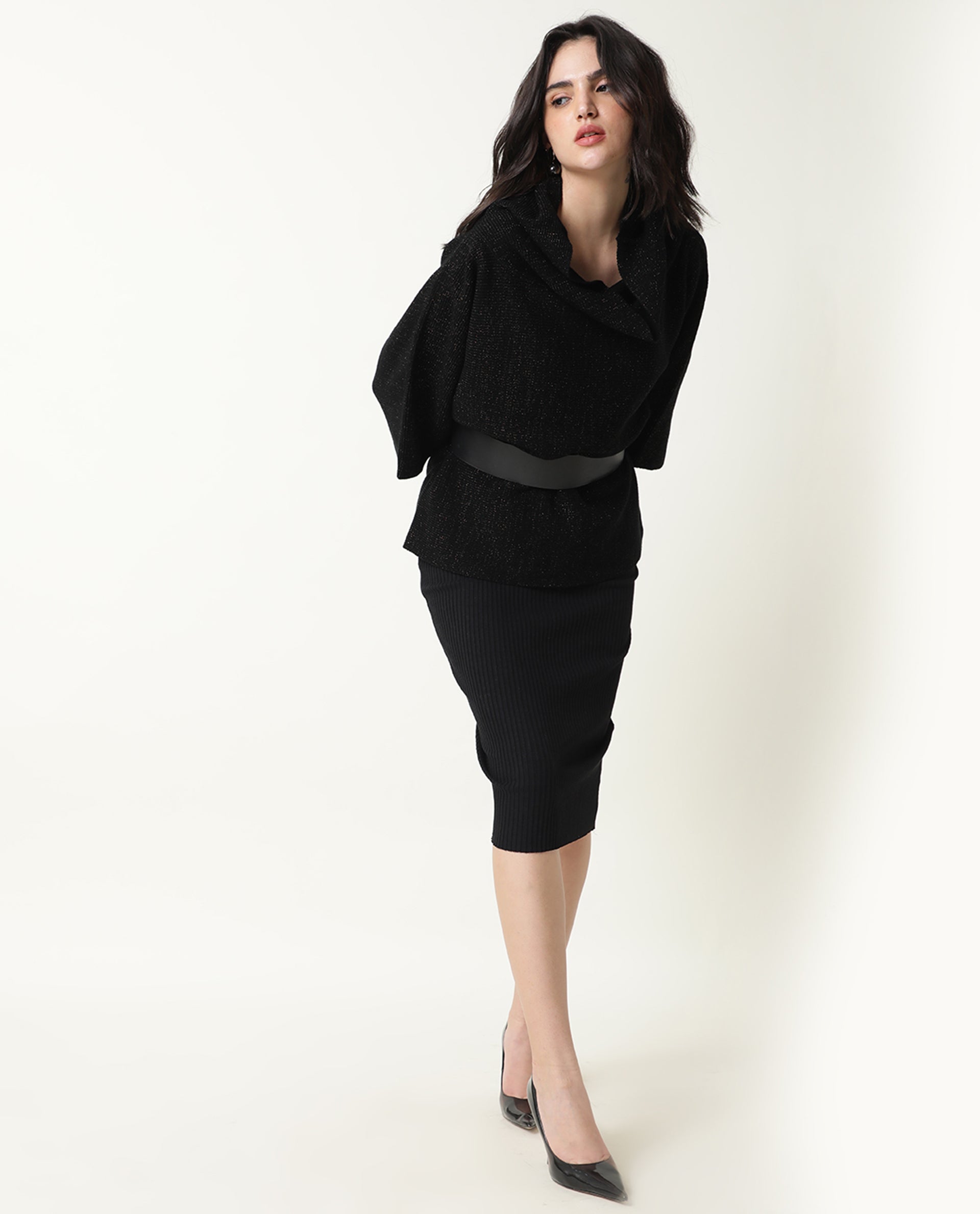 Rareism Women Innov Black Polyester Fabric 3/4Th Sleeves Knee Length Relaxed Fit Solid Cowl Neck Sweater