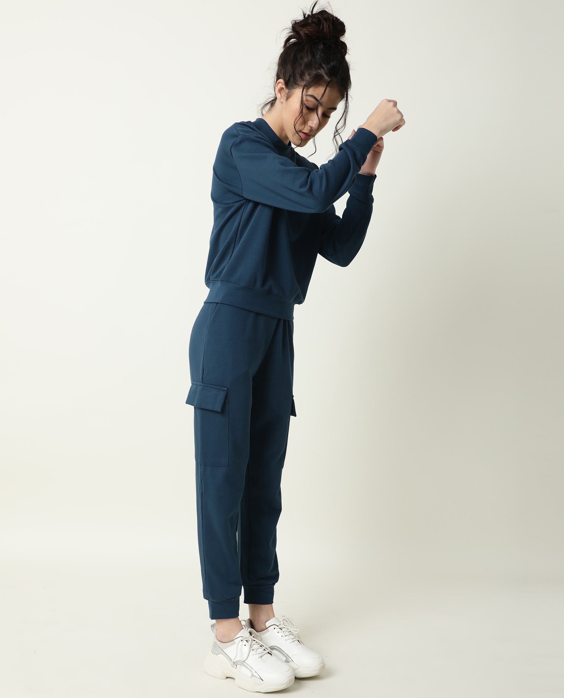 Rareism Women Nush-1 Petrol Poly Cotton Fabric Regular Fit Solid Mid Rise Ankle Length Track Pant