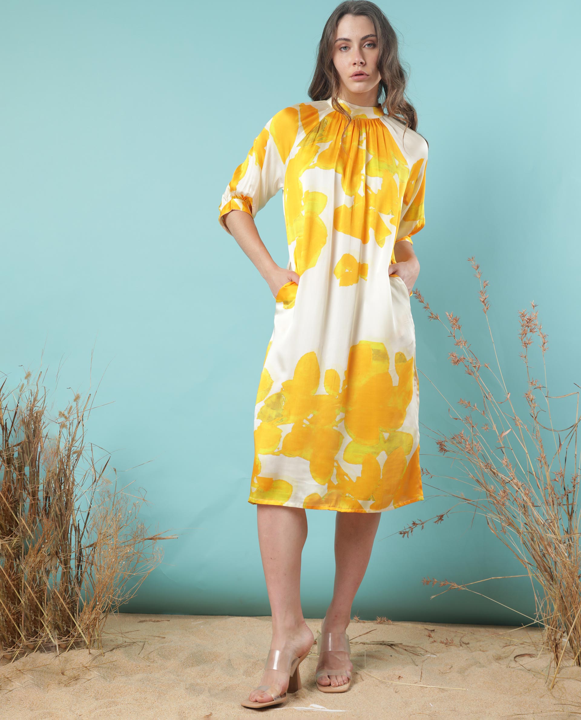 Rareism Women Tycoon Yellow Abstract Band Collar Half Sleeves With Puff And Pocket Knee Length Dress
