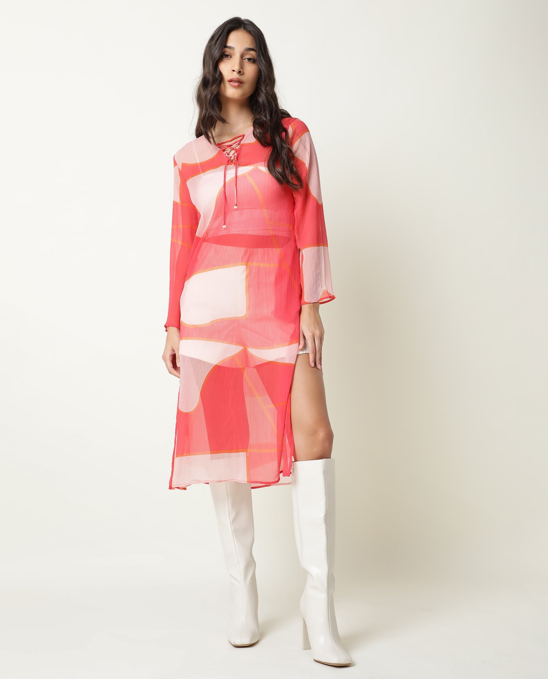 Rareism Women's Benett Pink V-Neck Abstract Print Knee Length Regular Fit Dress