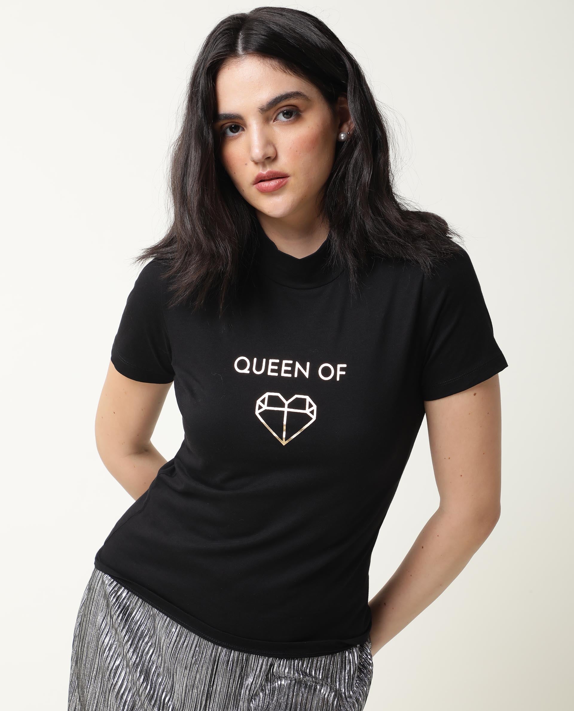 Rareism Women Queenie Black Poly Cotton Fabric Regular Fit Half Sleeves Graphic Print Round Neck T-Shirt