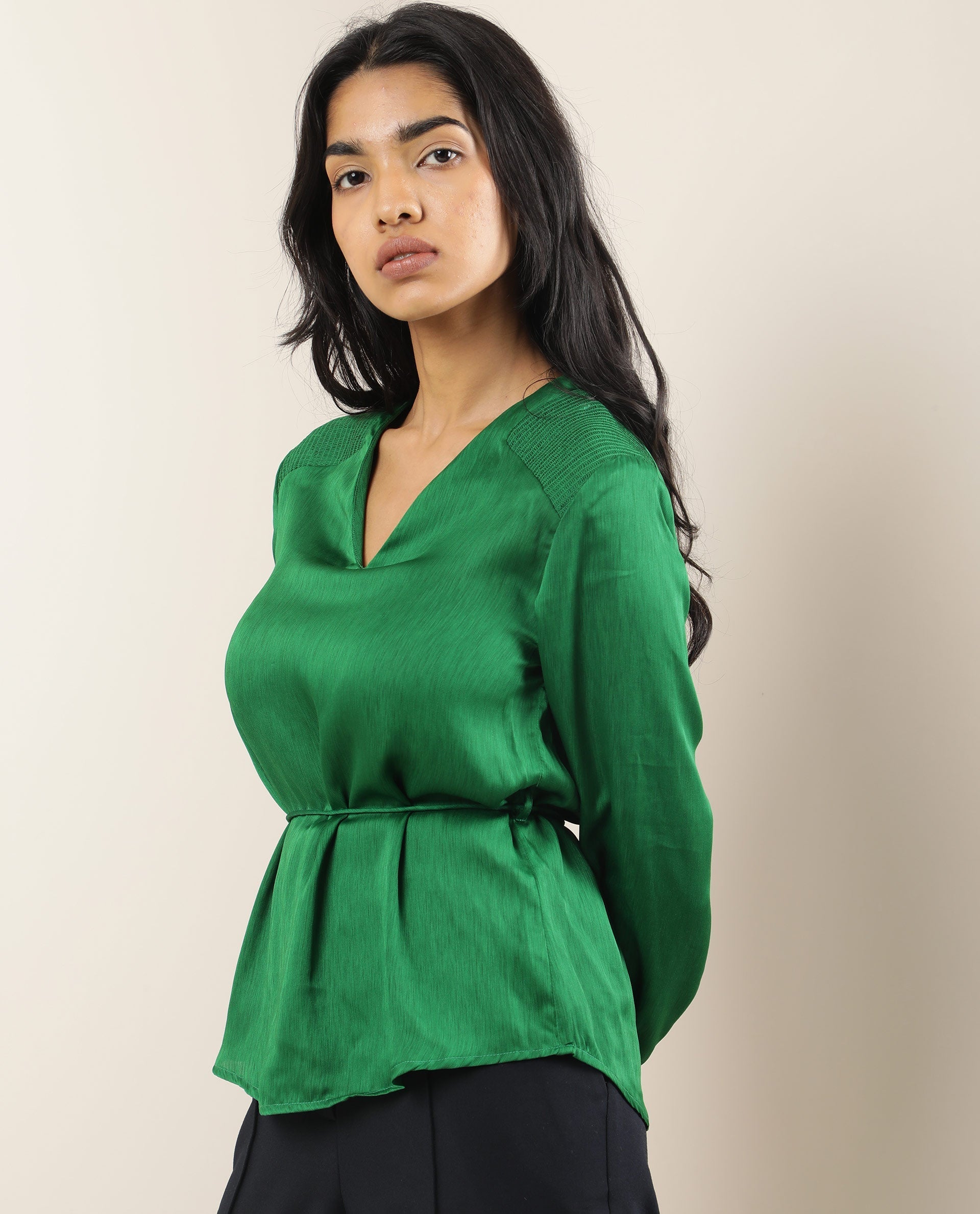 Rareism Womens Dronite Green Top Polyester Fabric  Full Sleeve V Neck