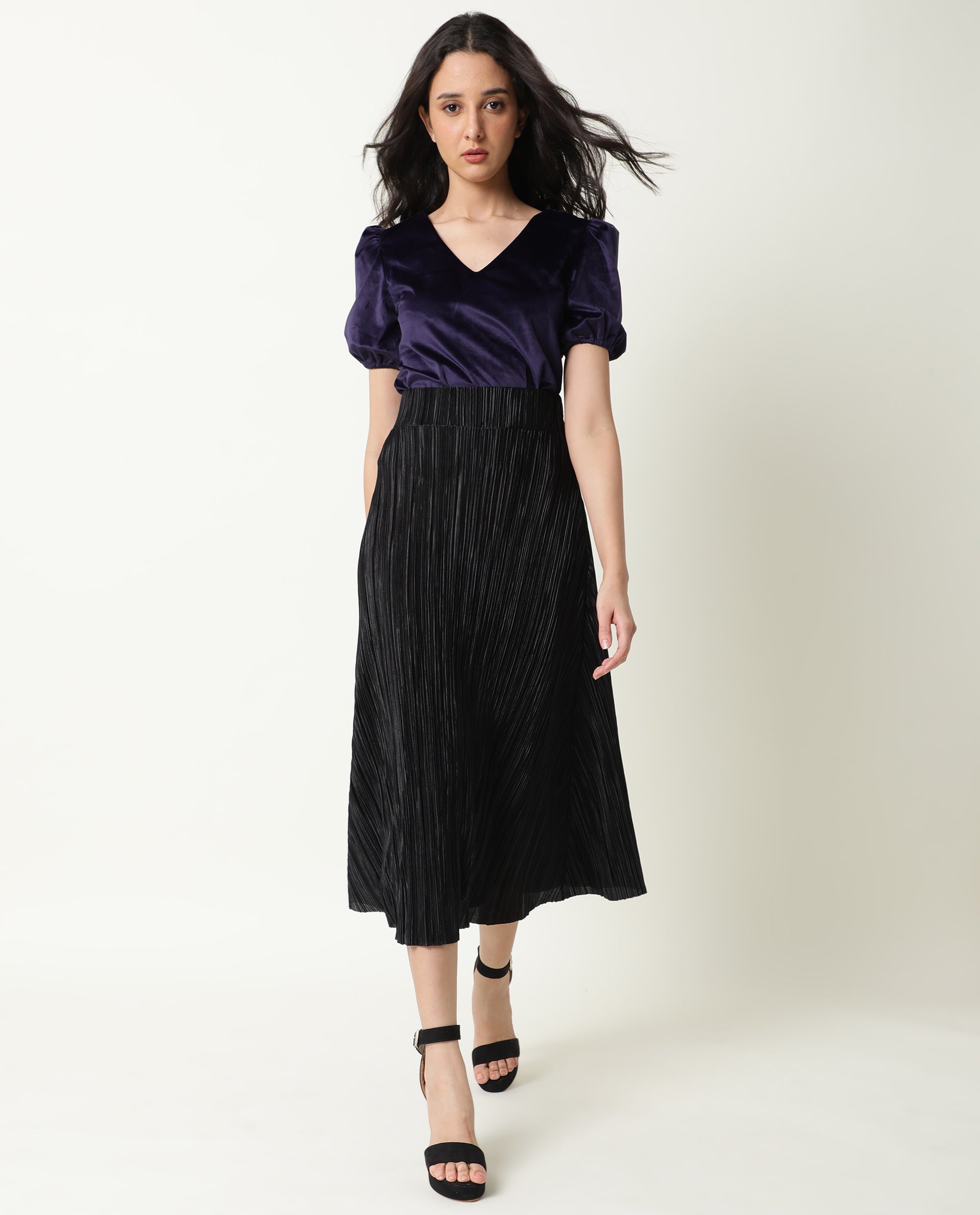 Rareism Womens Mun Navy Top Suede Fabric  Half Sleeve V Neck