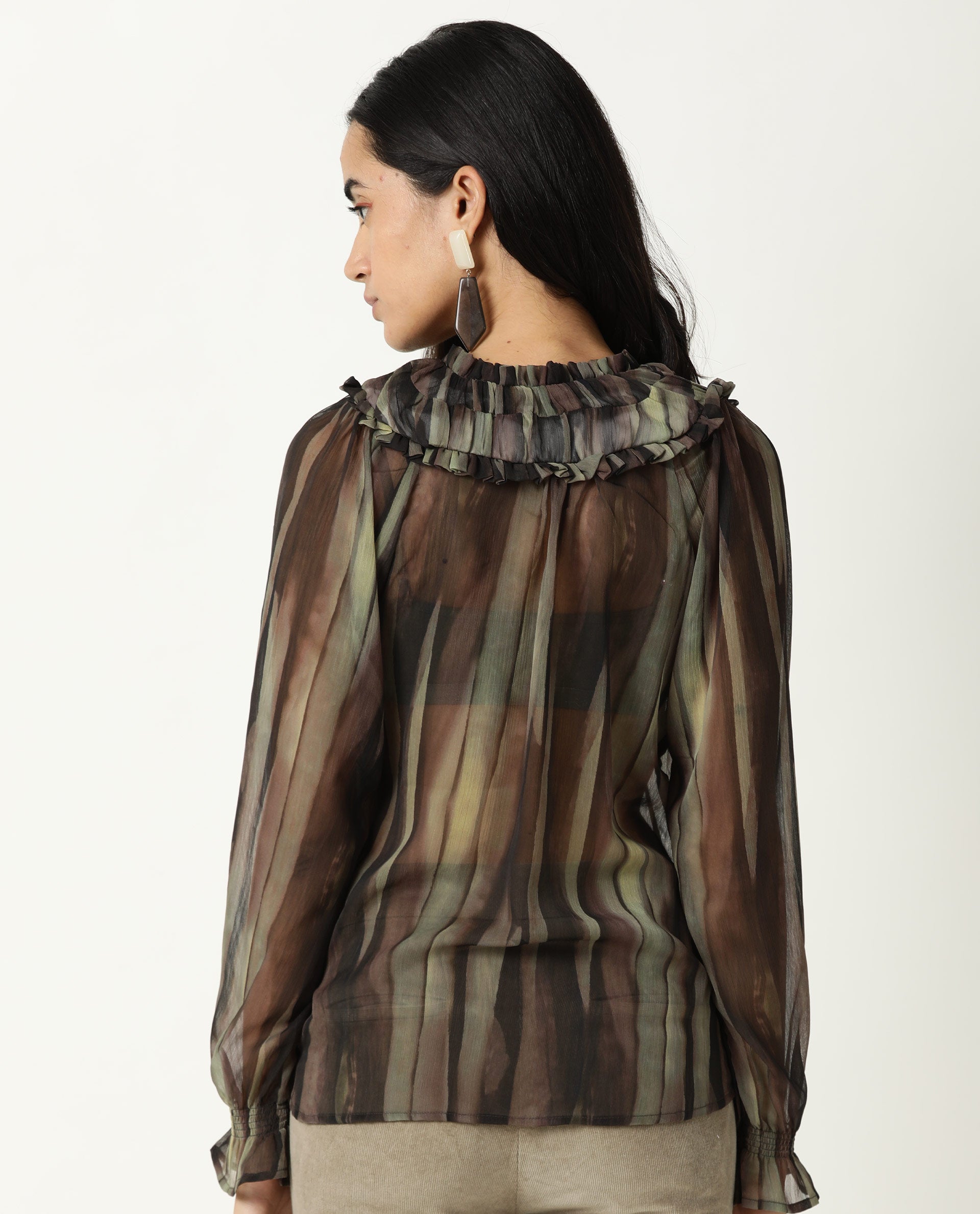 Rareism Womens Kade Green Top Viscose Fabric Loose Fit Extended Sleeves V Neck