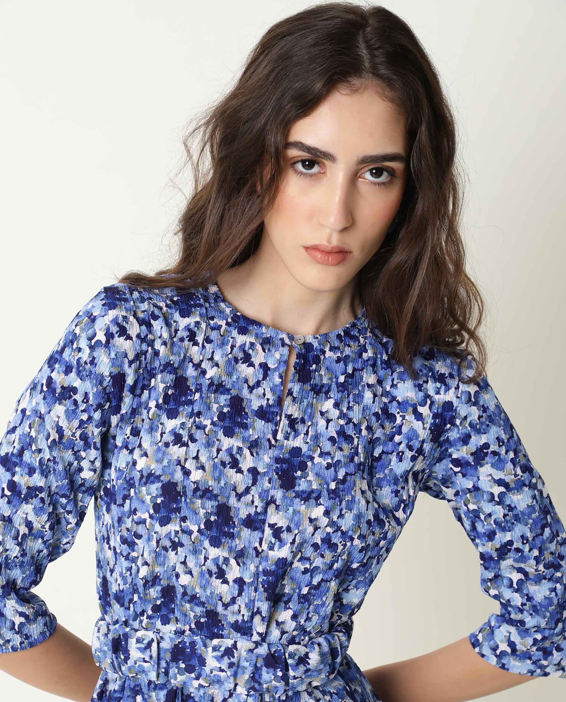 Rareism Womens Maisey Blue Dress Polycoton  Fabric  Half Sleeve Round Neck
