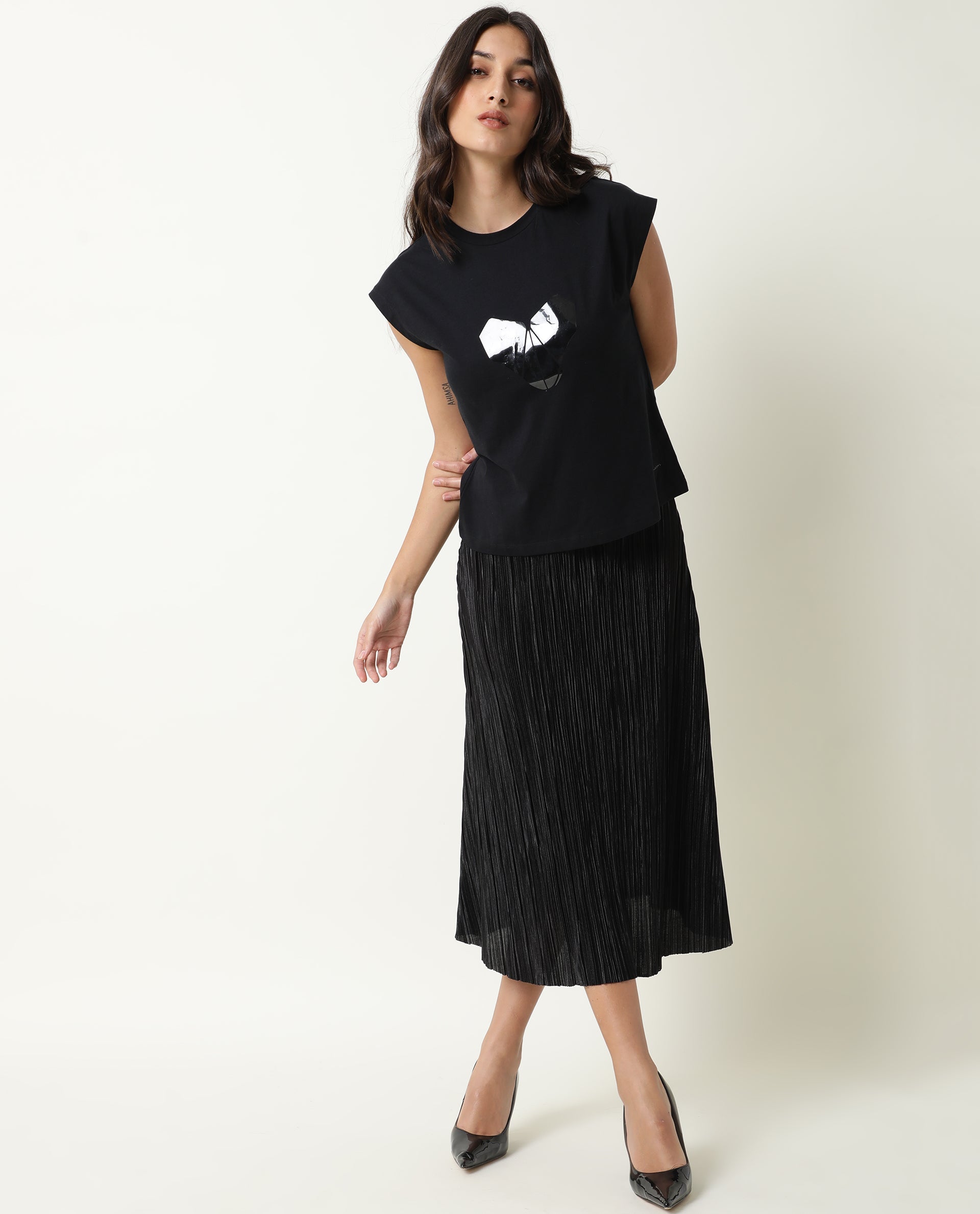 Rareism Womens Baga Black T-Shirt Cotton Fabric Crew Neck Short Sleeve