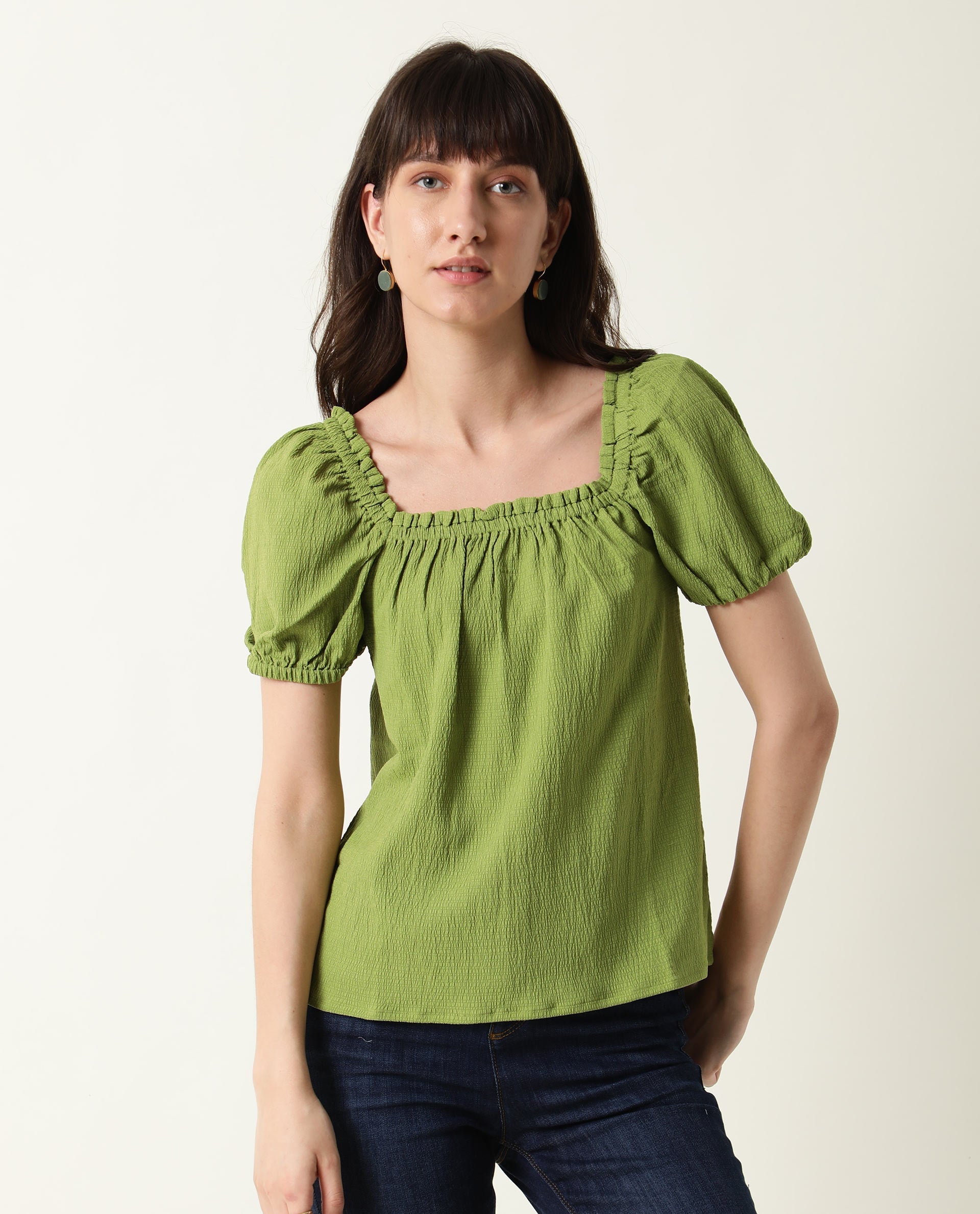 Rareism Women Swag Green Cotton Lycra Fabric Tailored Fit Square Neck Half Sleeves Solid Top