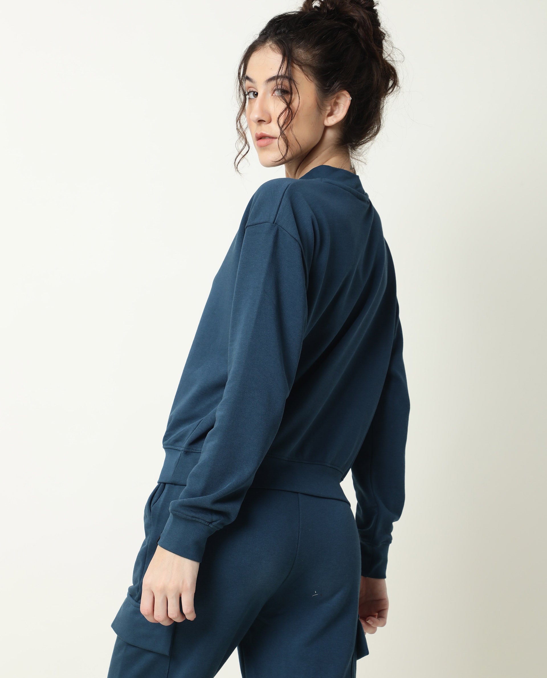 Rareism Women's Necker Petrol High Neck Plain Relaxed Fit Sweatshirt
