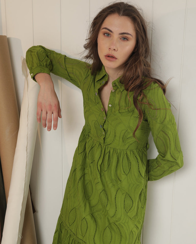 Rareism Women Darcy Green Cotton Fabric Full Sleeves Button Closure Shirt Collar Slim Fit Schiffili Knee Length Empire Dress