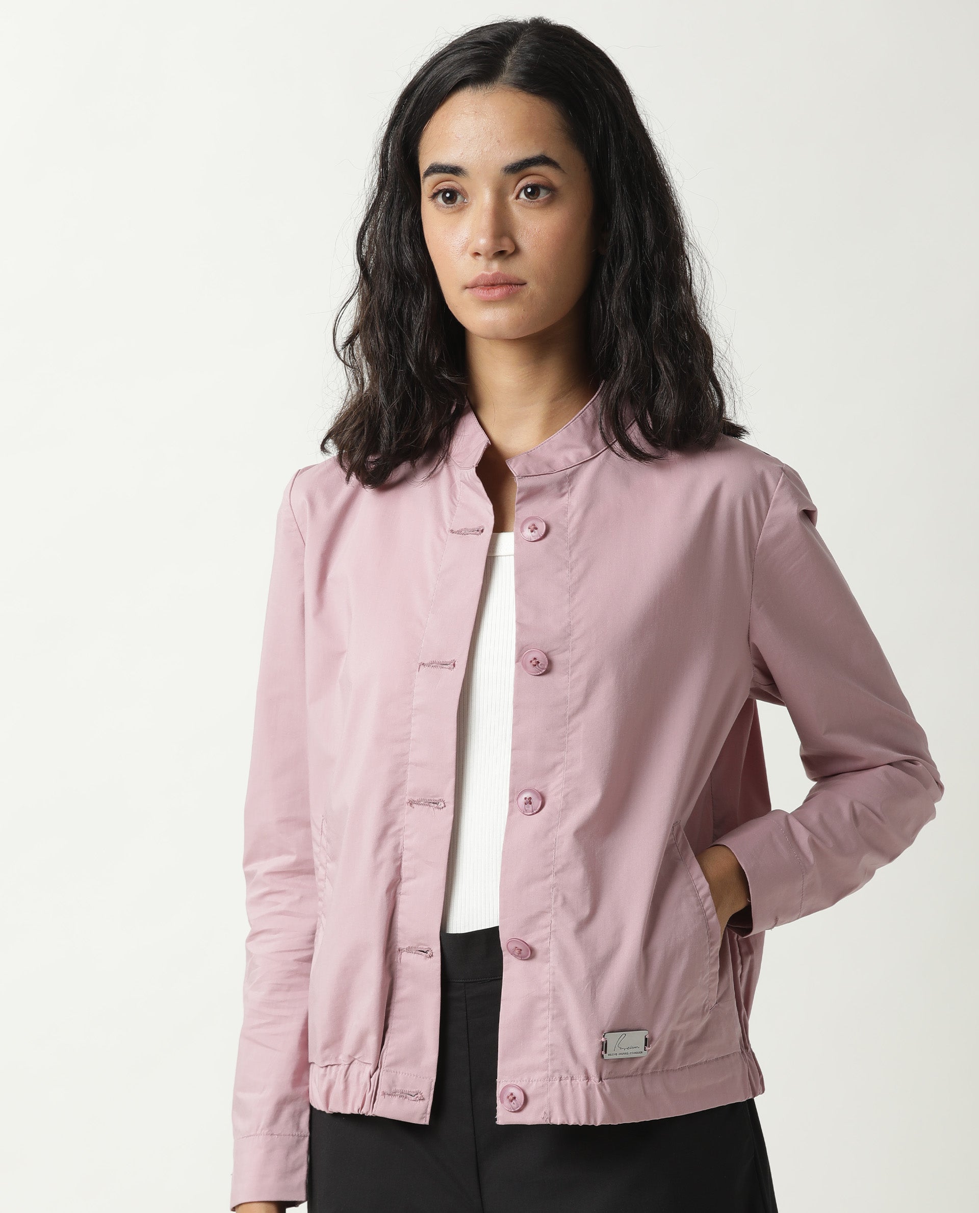 Rareism Women Aomori Pastel Purple Poly Lycra Fabric Full Sleeves Solid Mandarin Collar Jacket
