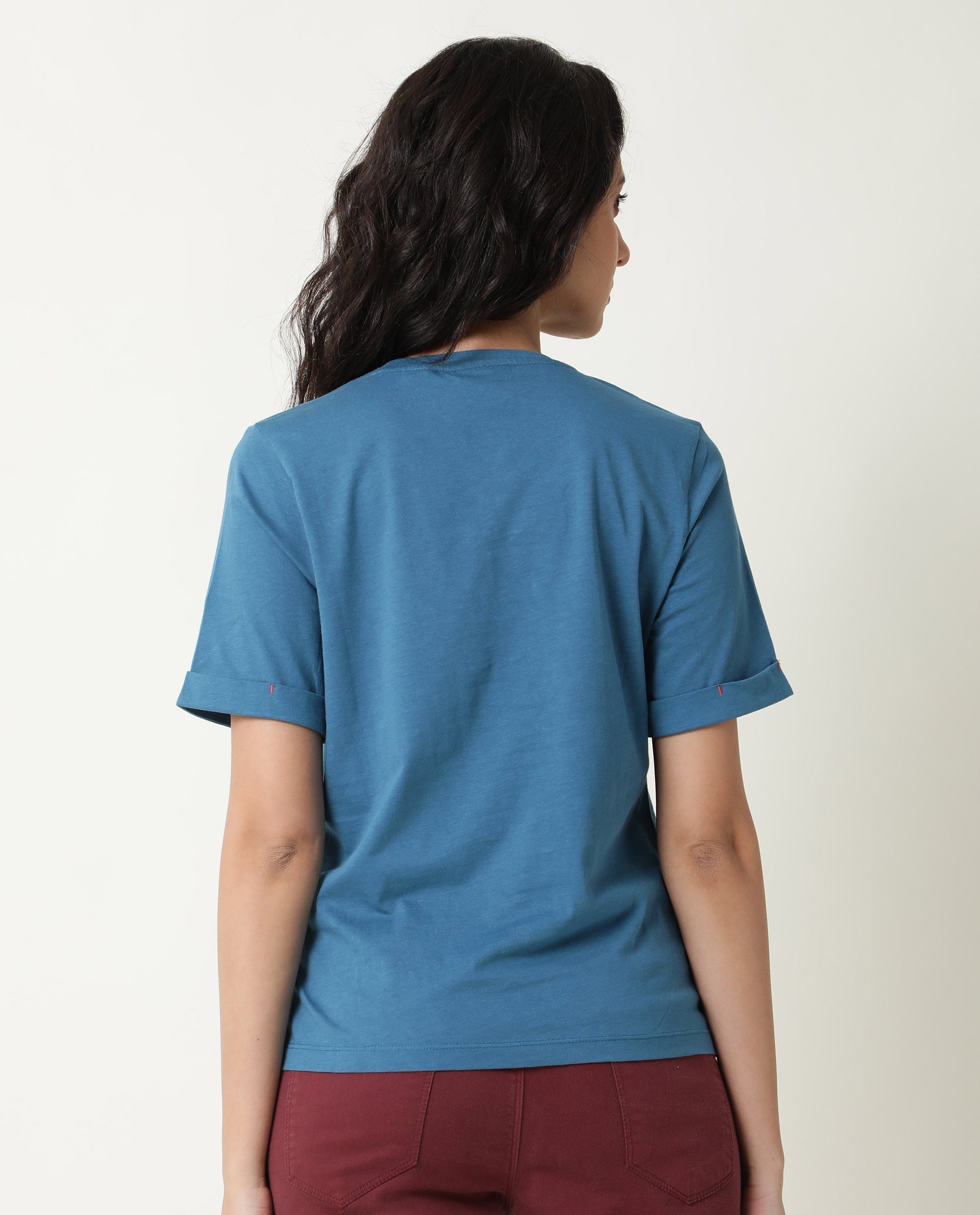 Rareism Women Nova Tee 2 Blue Cotton Fabric Regular Fit Half Sleeves Solid Round Neck T-Shirt