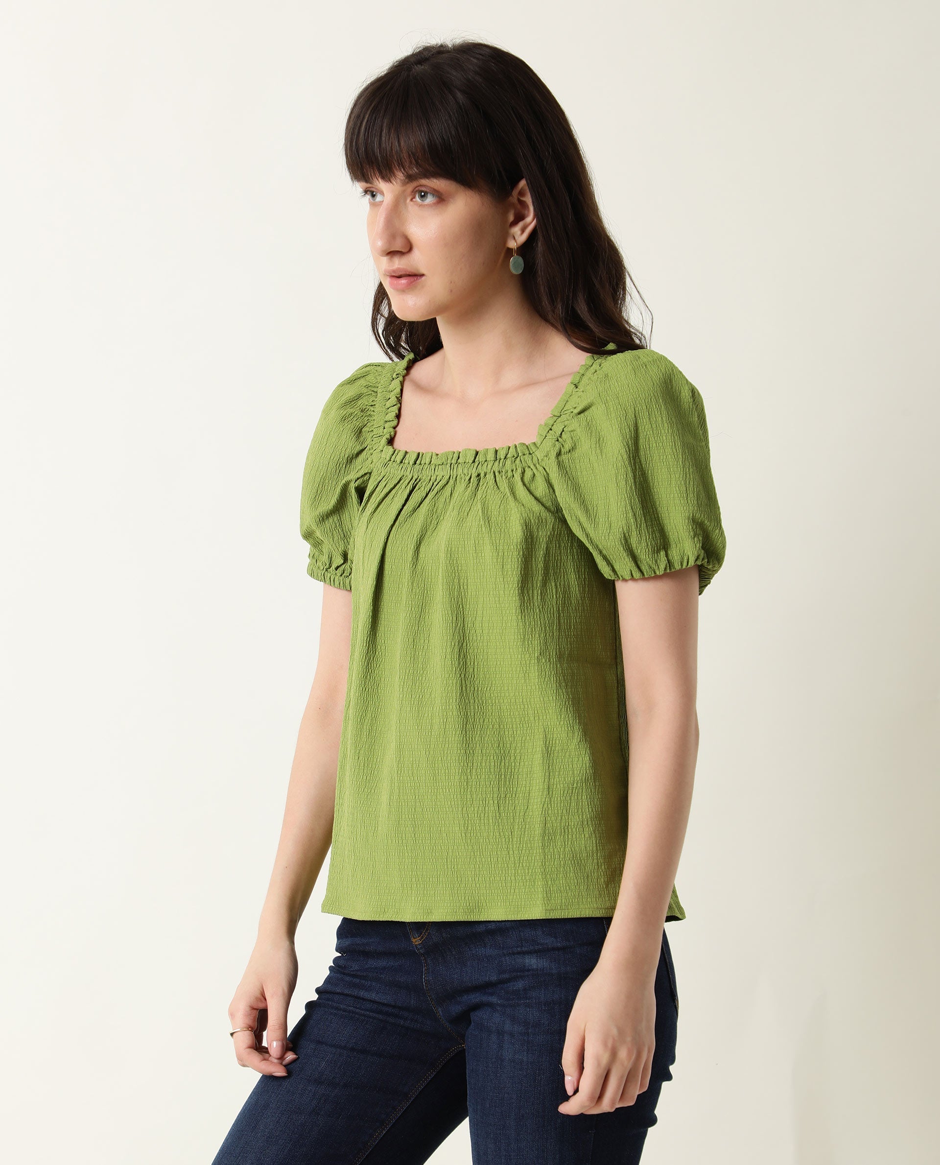 Rareism Women Swag Green Cotton Lycra Fabric Tailored Fit Square Neck Half Sleeves Solid Top