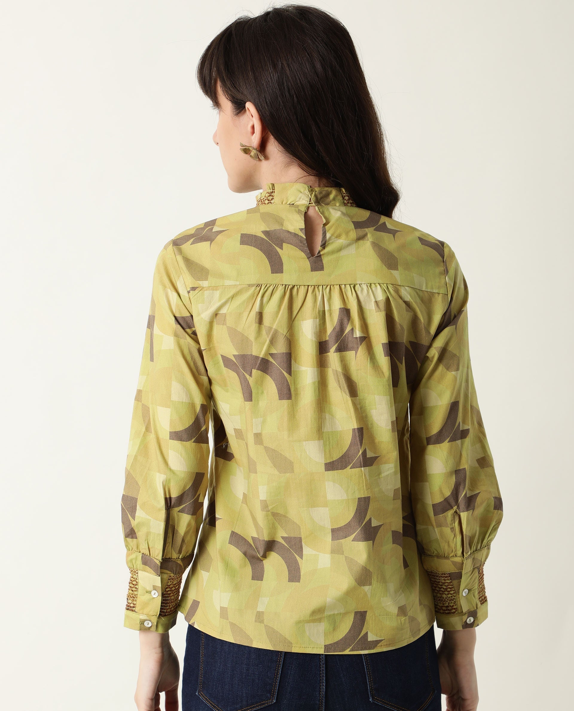 Rareism Women Honest Green Top Short Sleeves Printed
