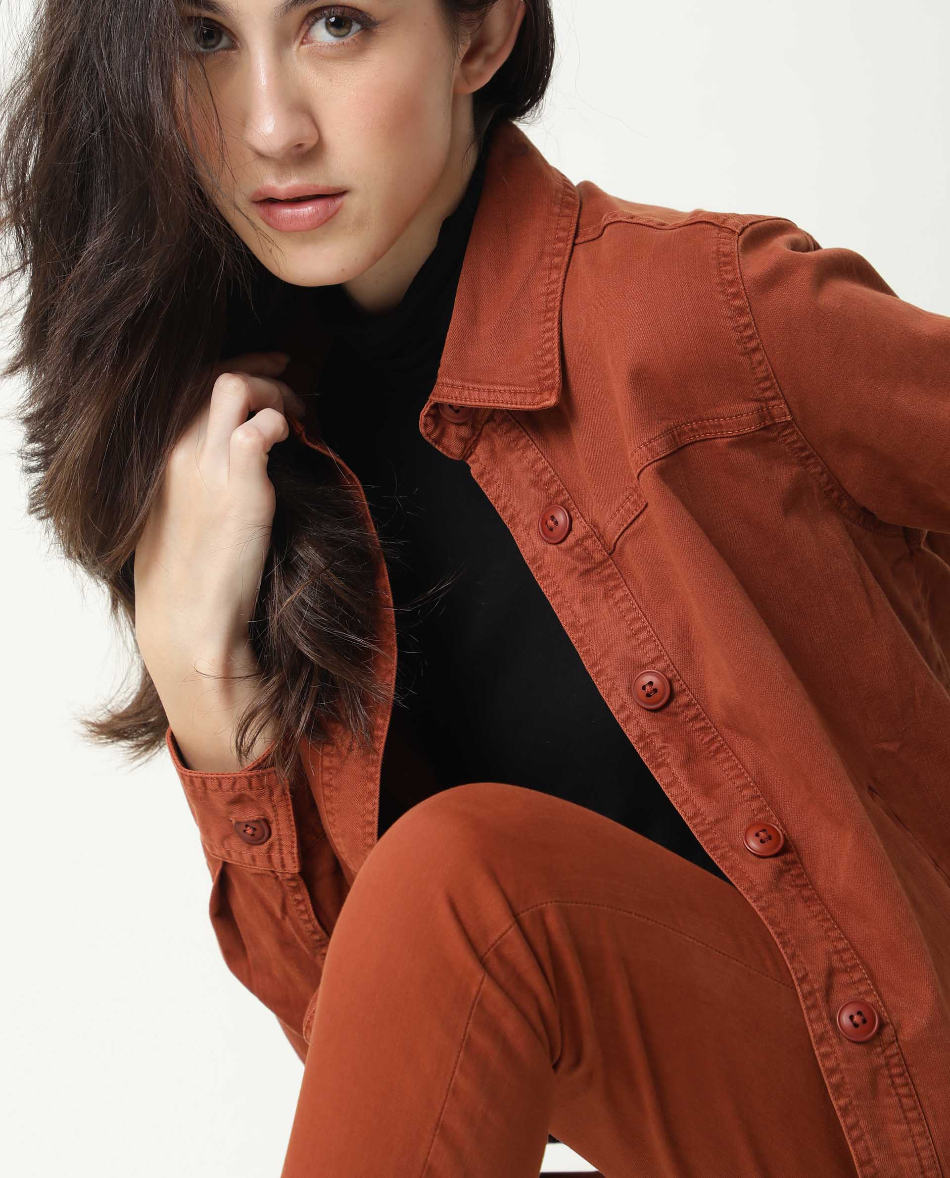 Rareism Women Mission Rust Cotton Lycra Fabric Full Sleeves Solid Shirt Collar Jacket