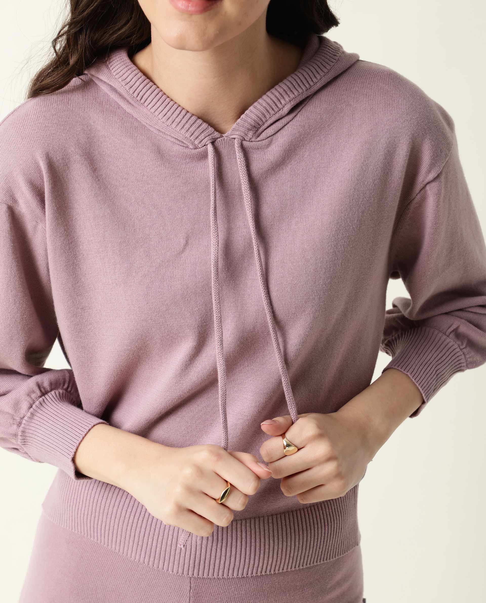 Rareism Women Finn Pastel Pink Cotton Fabric Straight Fit Full Sleeves Solid Hooded Track Suit