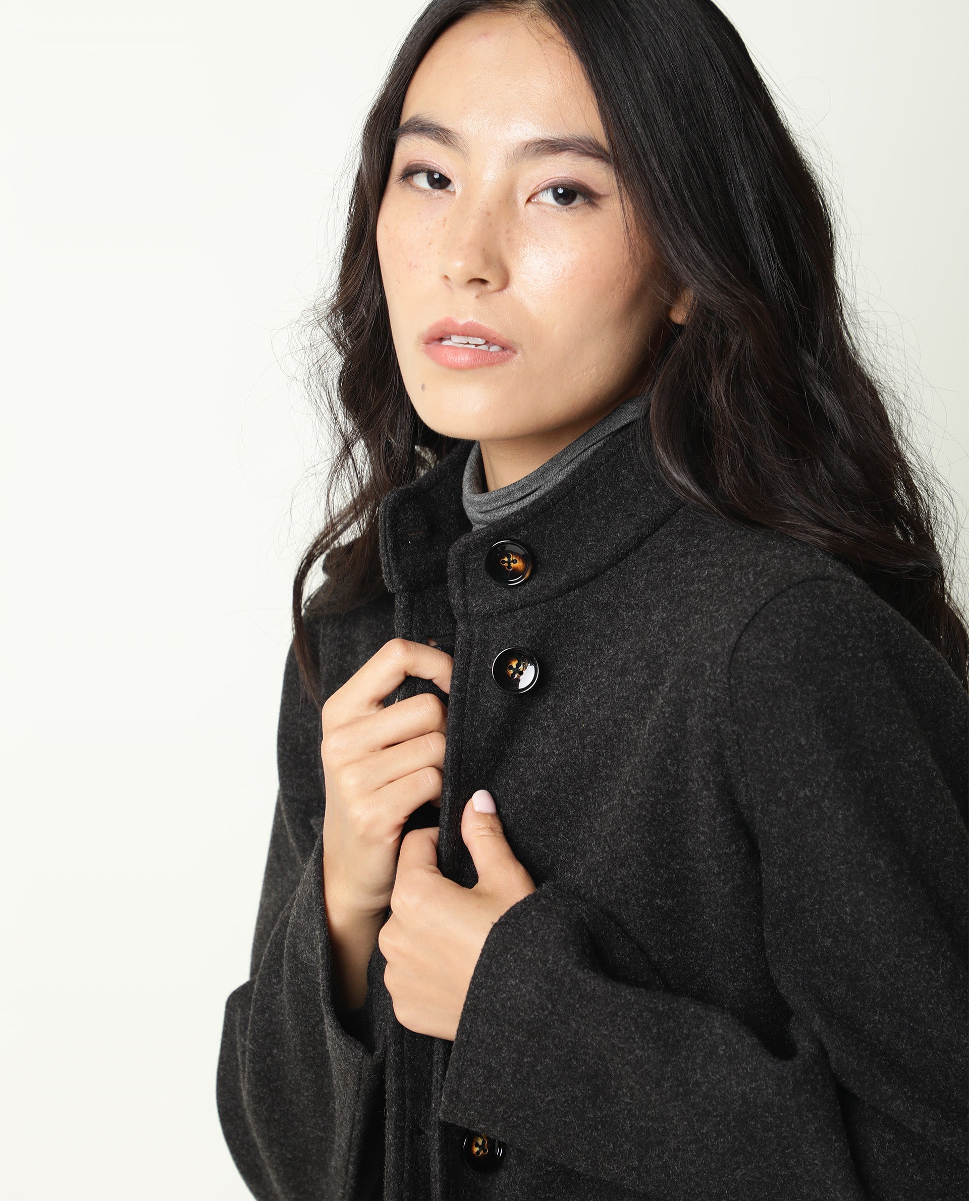 Rareism Women Comico Black Polyester Fabric Full Sleeves Solid Mandarin Collar Jacket