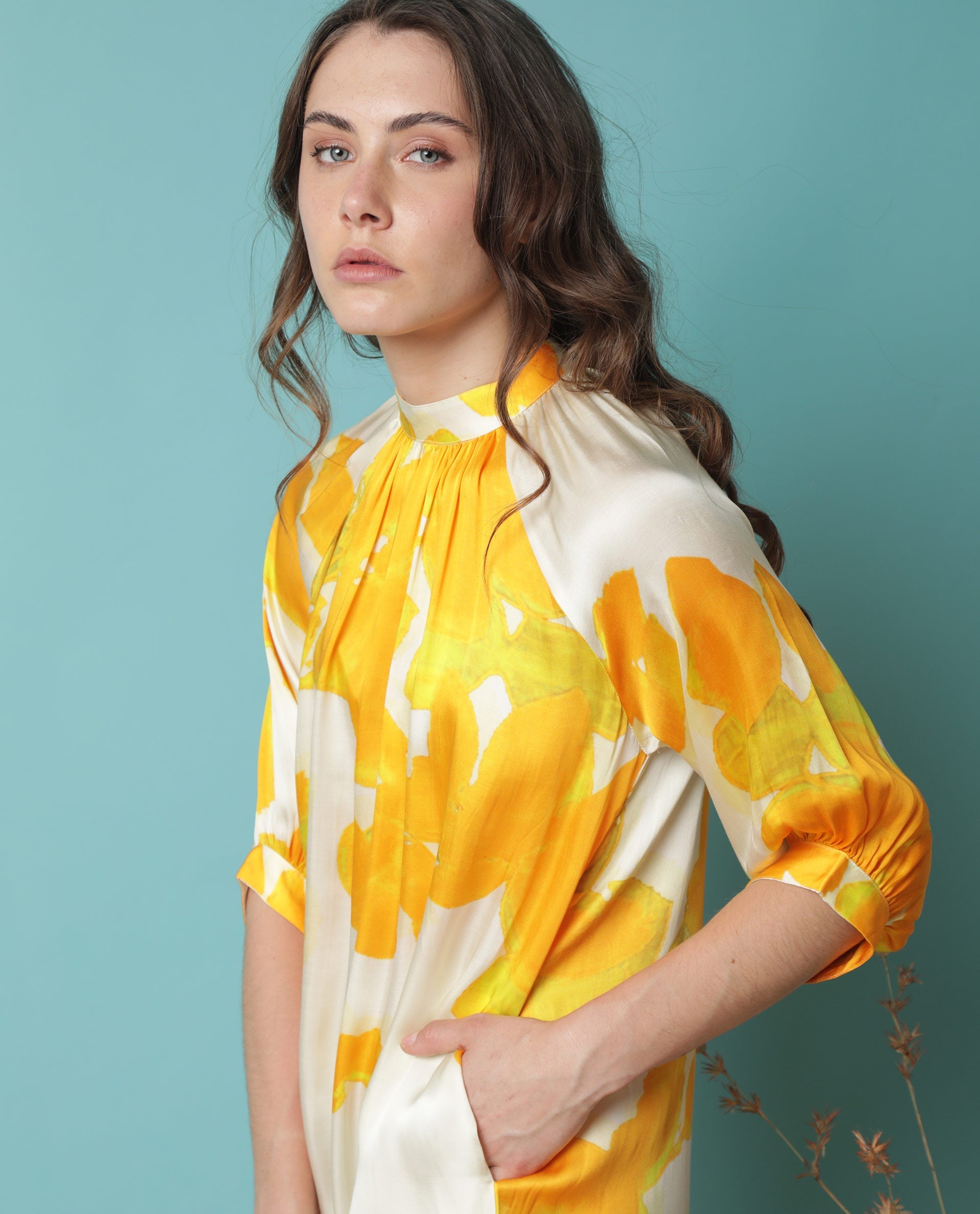 Rareism Women Tycoon Yellow Abstract Band Collar Half Sleeves With Puff And Pocket Knee Length Dress