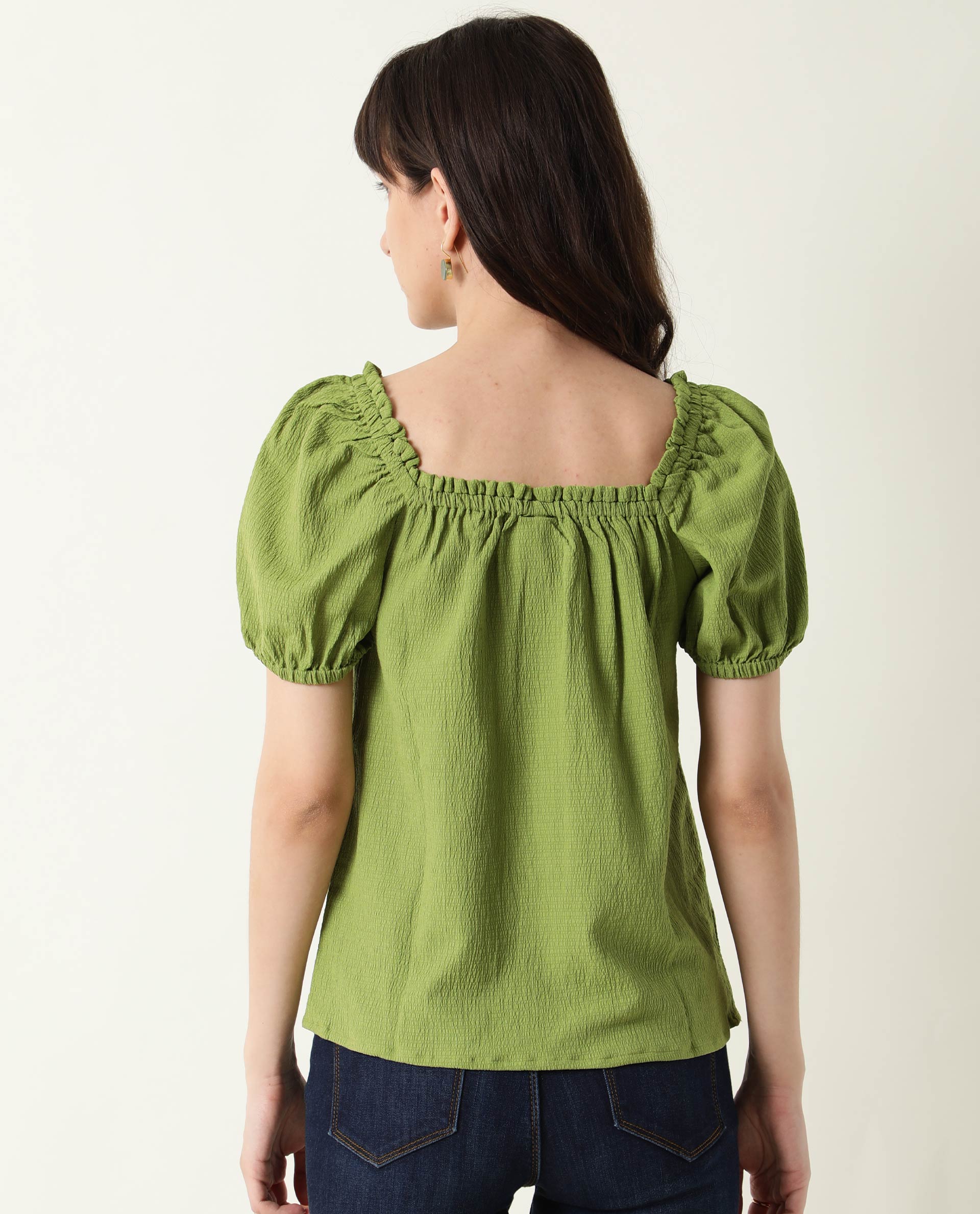 Rareism Women Swag Green Cotton Lycra Fabric Tailored Fit Square Neck Half Sleeves Solid Top