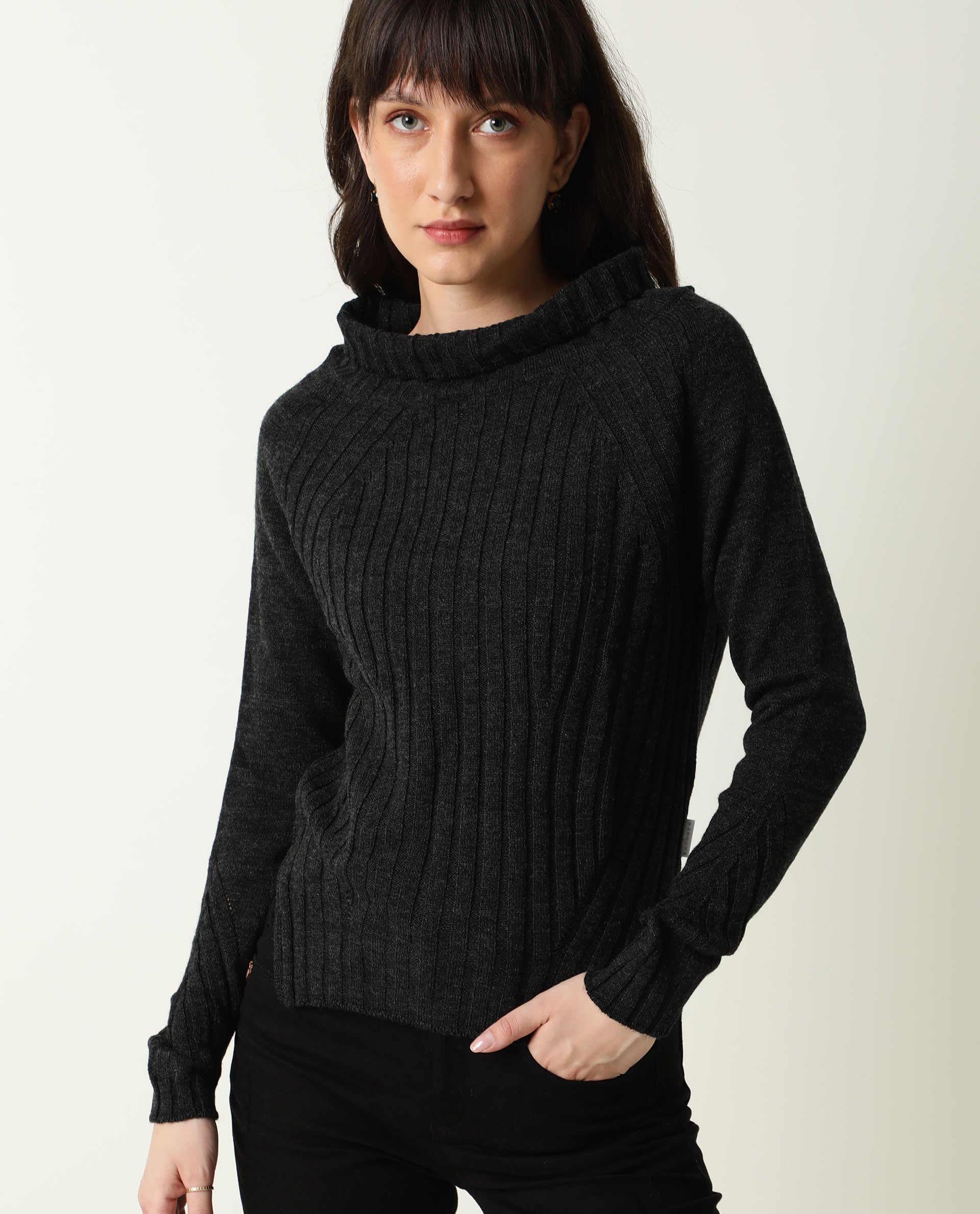 Rareism Women's Halo Black Acrylic High Neck Plain Regular Fit Sweater