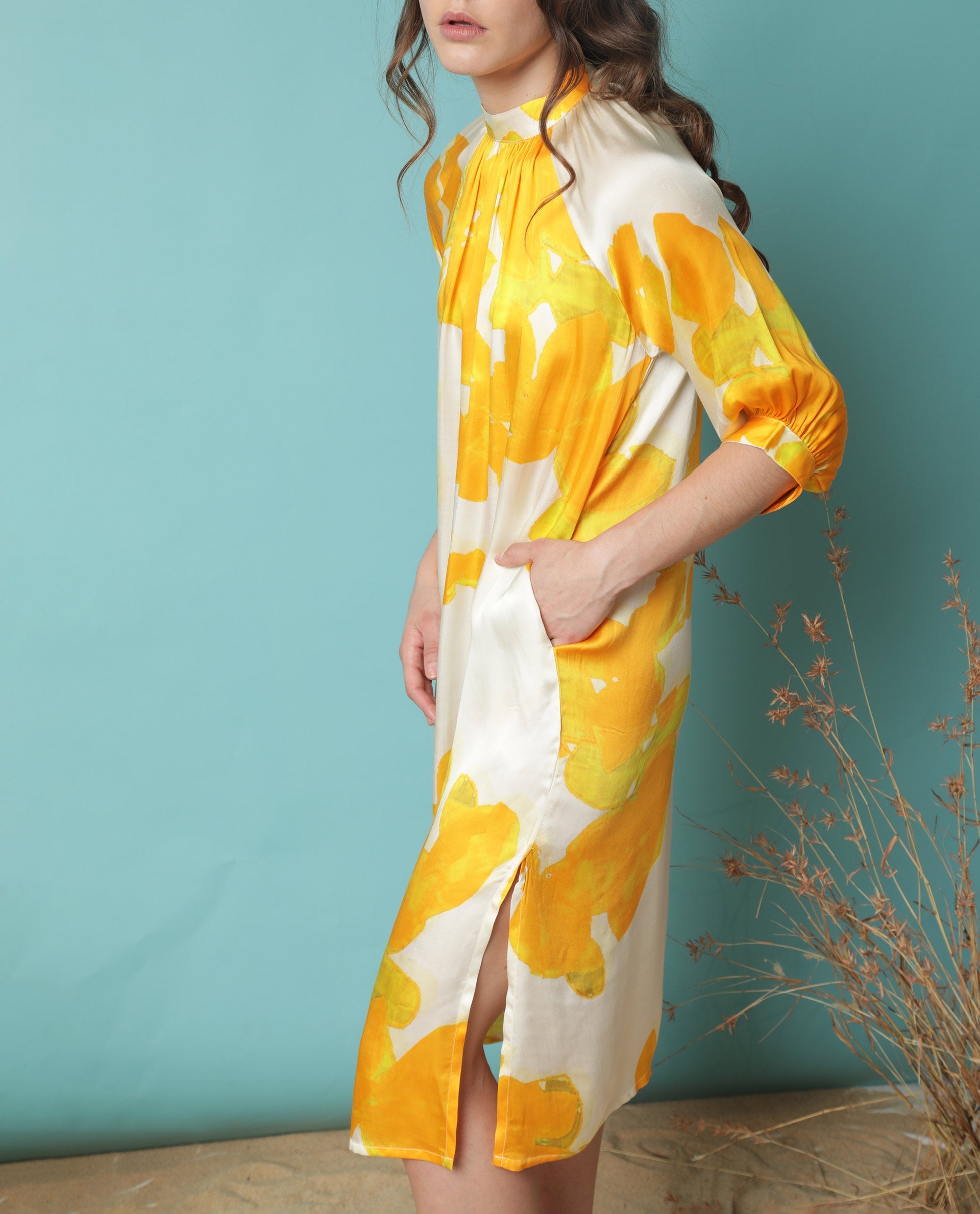 Rareism Women Tycoon Yellow Abstract Band Collar Half Sleeves With Puff And Pocket Knee Length Dress